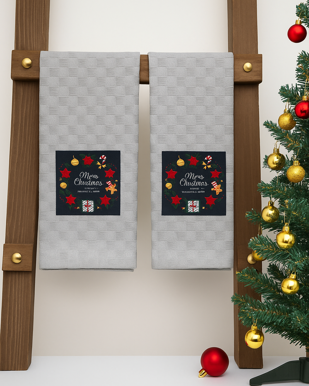 Set of two absorbent cotton Christmas kitchen towels, one featuring a classic holiday print (e.g., reindeer or gingerbread) and the other a complementary festive stripe or solid color.