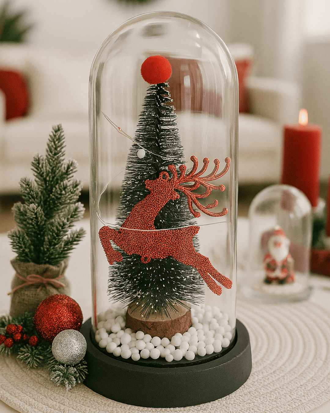 Close-up of a festive Christmas cloche featuring a miniature brush tree, a sparkling red reindeer ornament, and wrapped fairy lights, surrounded by small white foam snowballs.