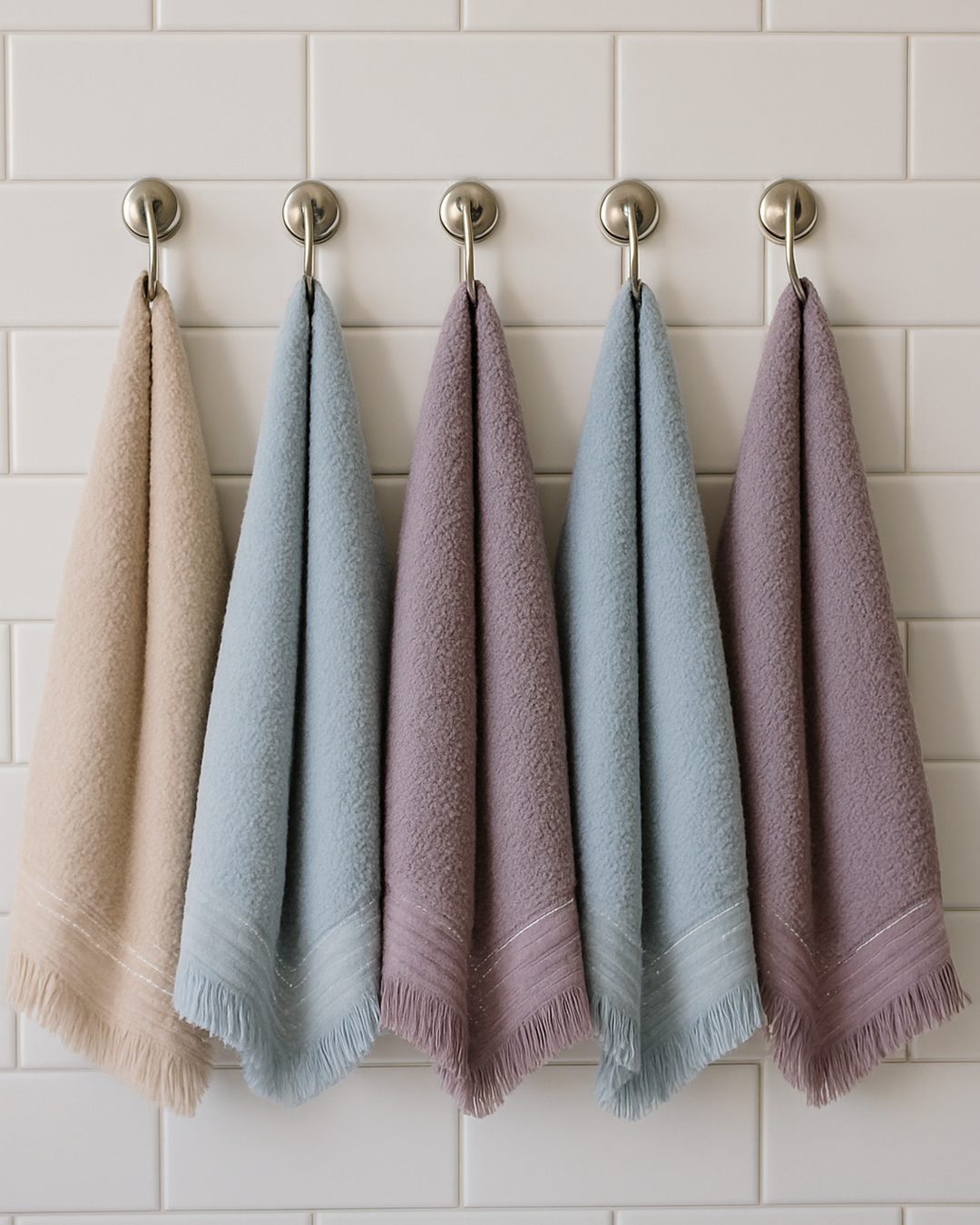 Five kitchen towels hanging on silver hooks against a white subway tile wall in soft beige, light blue, and taupe-purple tones, with stitched borders and fringe edges, size 50x90 cm.