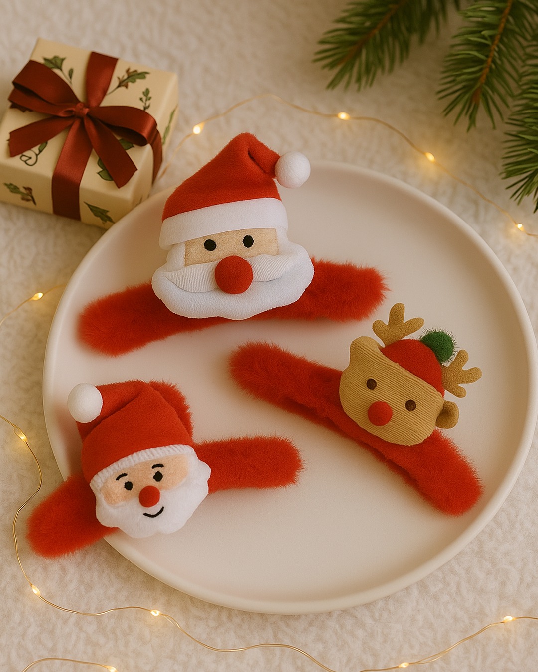 A set of three red, plush Christmas slap bracelets featuring cheerful Santa Claus and Reindeer character faces, displayed on a white plate next to a wrapped gift box.