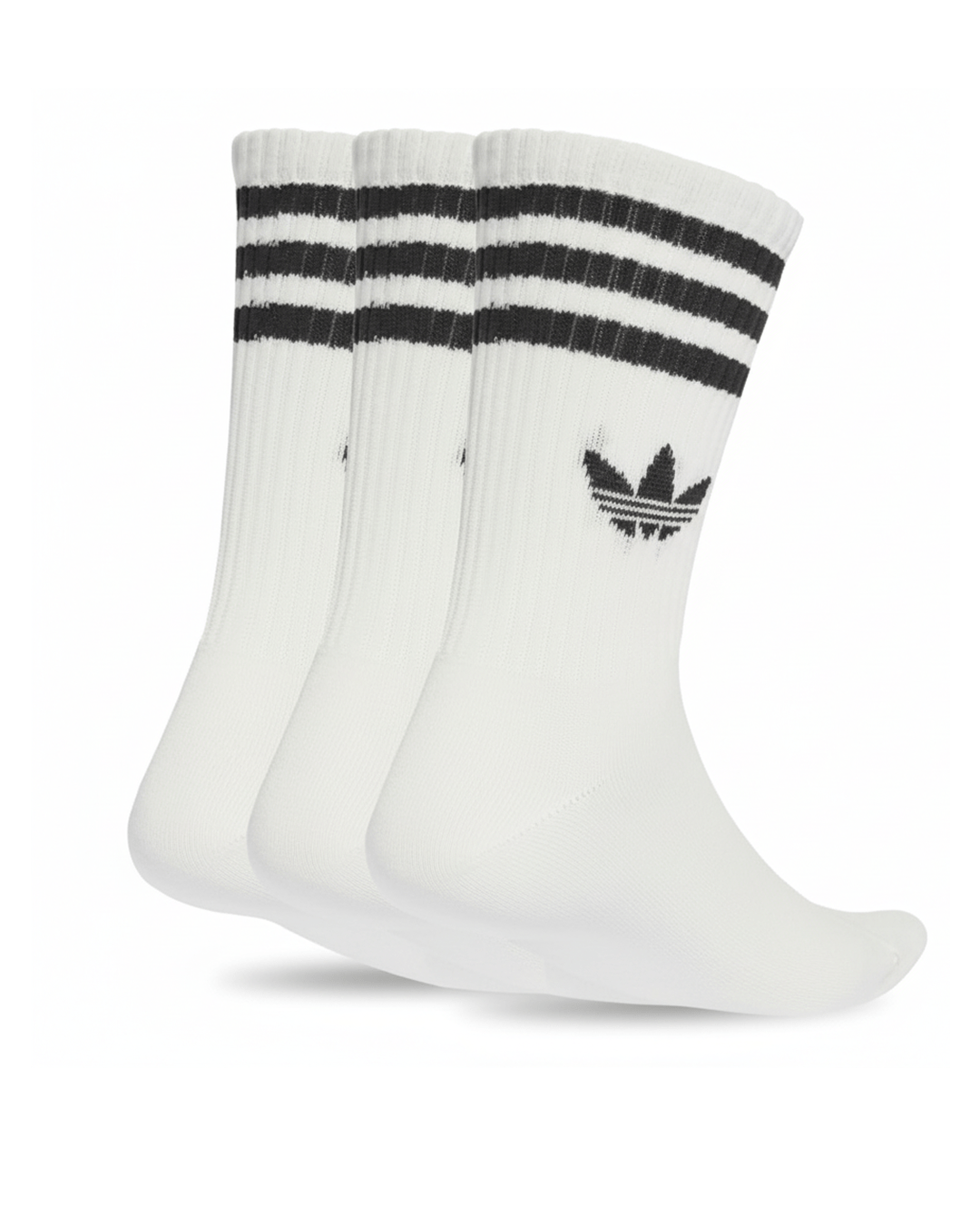 White Adidas high-rise socks multi-pack made from 100% Turkish cotton, featuring the Adidas logo, lying flat on a white bedspread.