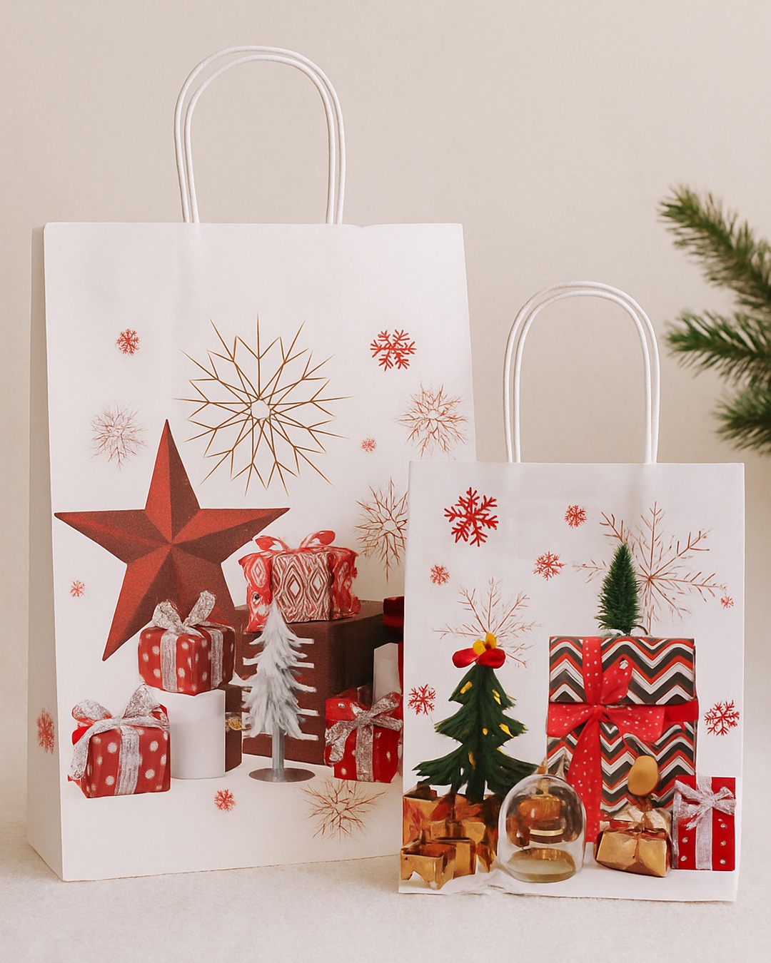 A set of two white Christmas paper gift bags with white rope handles, featuring modern graphic prints of snowflakes, red and gold stars, and rendered illustrations of stacked Christmas gifts and miniature trees.
