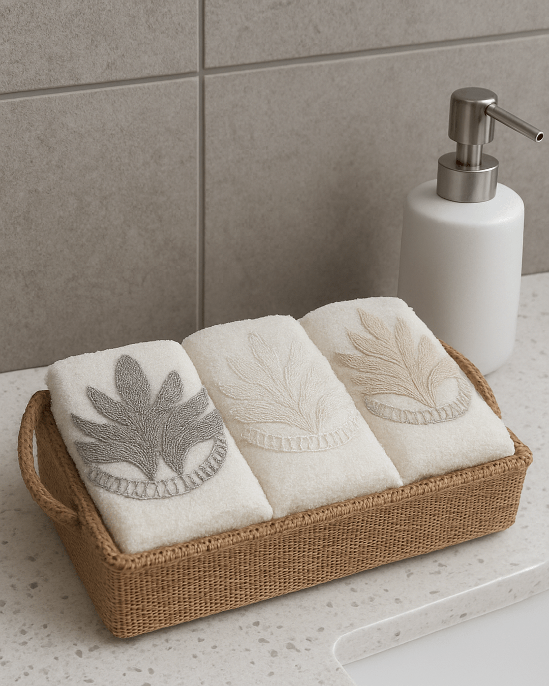 Set of three embroidered cotton towels in neutral tones arranged in a woven basket on a modern bathroom countertop, luxury decorative towel set with leaf pattern.