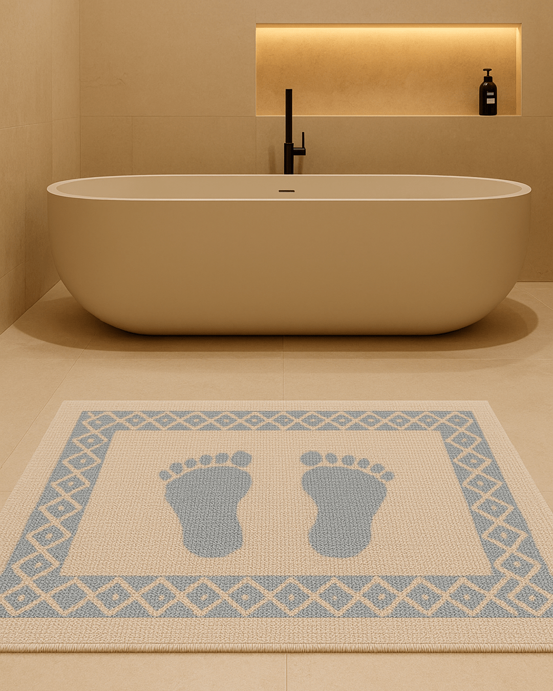 Thick cotton 100x60 cm bath rug with anti-slip backing and blue footprint design, placed in a modern beige bathroom with a freestanding tub.