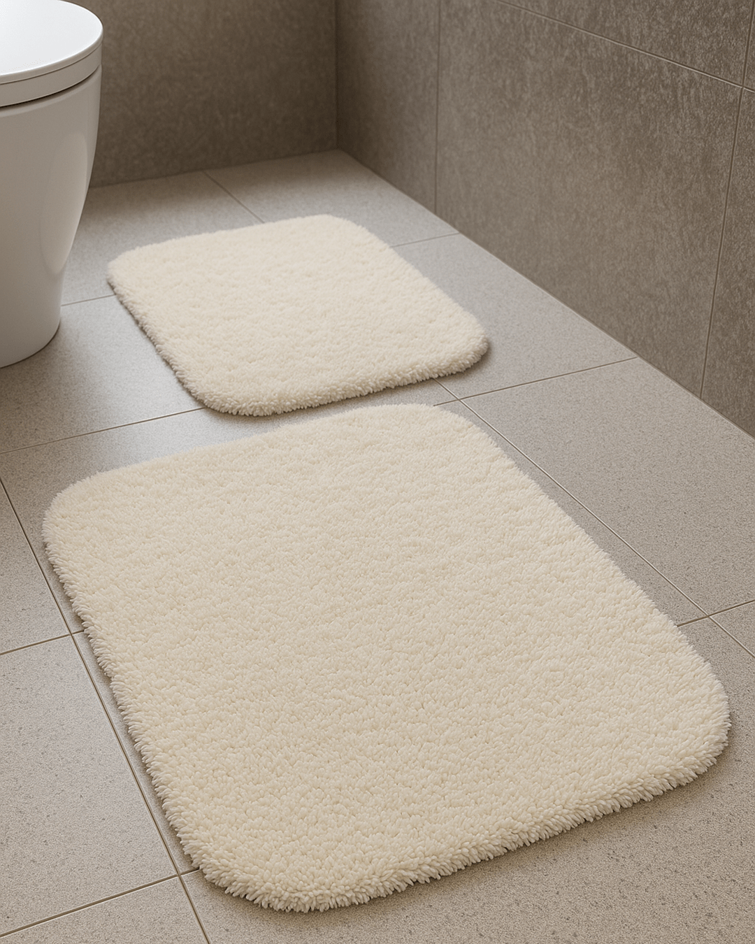 Two-piece fur anti-slip bath rug set in modern bathroom, featuring large 100x60 cm rug and small 50x60 cm rug, soft plush texture and non-slip backing.