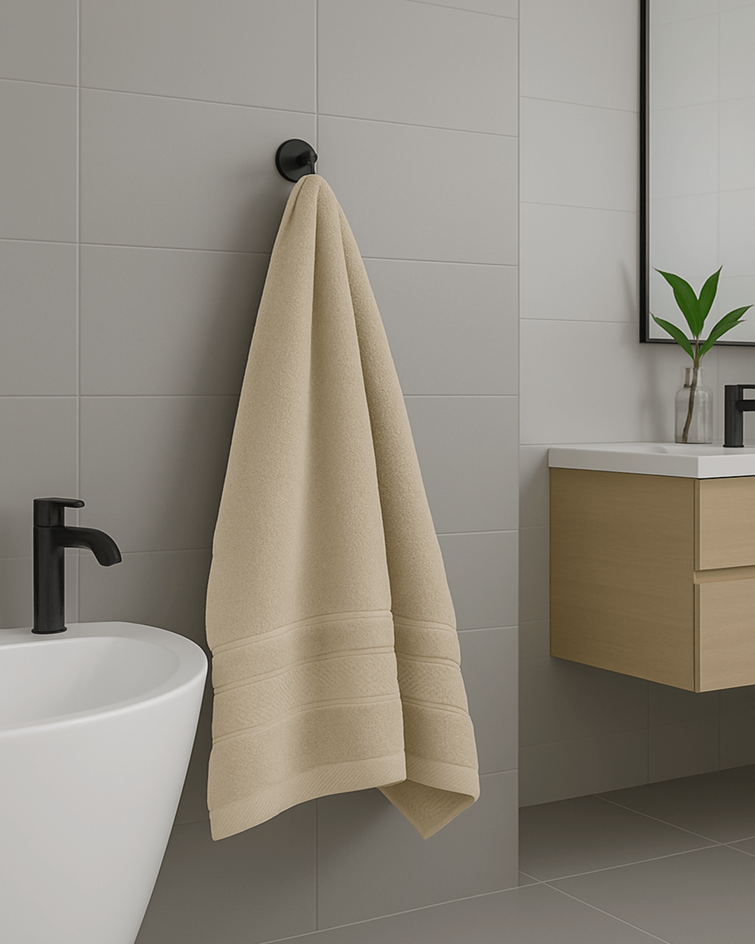 Lightweight 300g bath towel, size 70x140 cm, soft absorbent cotton towel displayed in a modern bathroom setting.