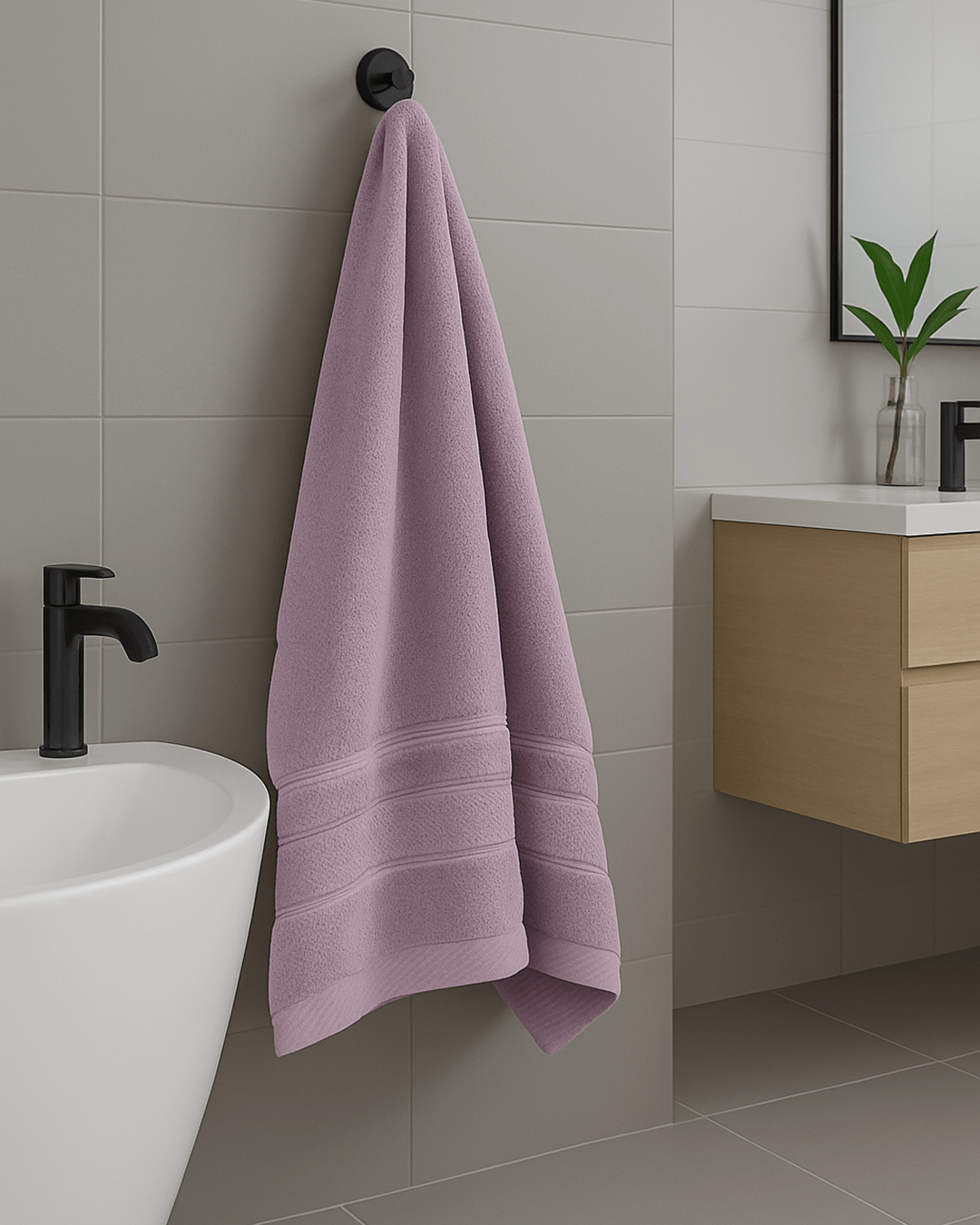 Lightweight 300g bath towel, size 70x140 cm, soft absorbent cotton towel displayed in a modern bathroom setting.