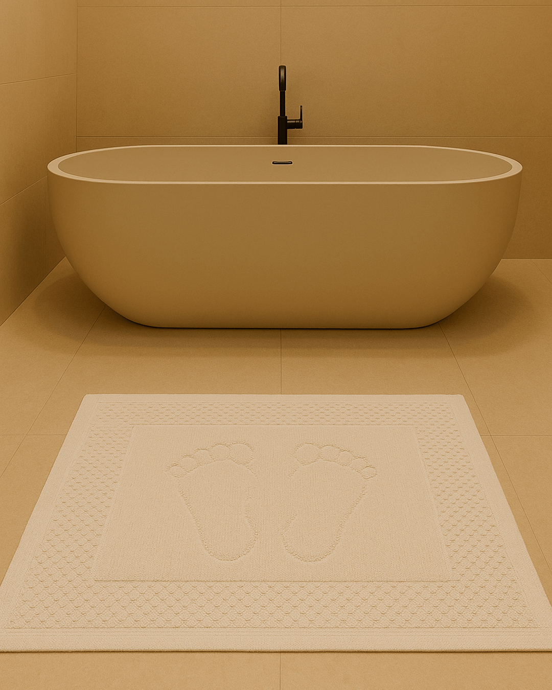 Thick cotton 100x60 cm bath rug with anti-slip backing and blue footprint design, placed in a modern beige bathroom with a freestanding tub.