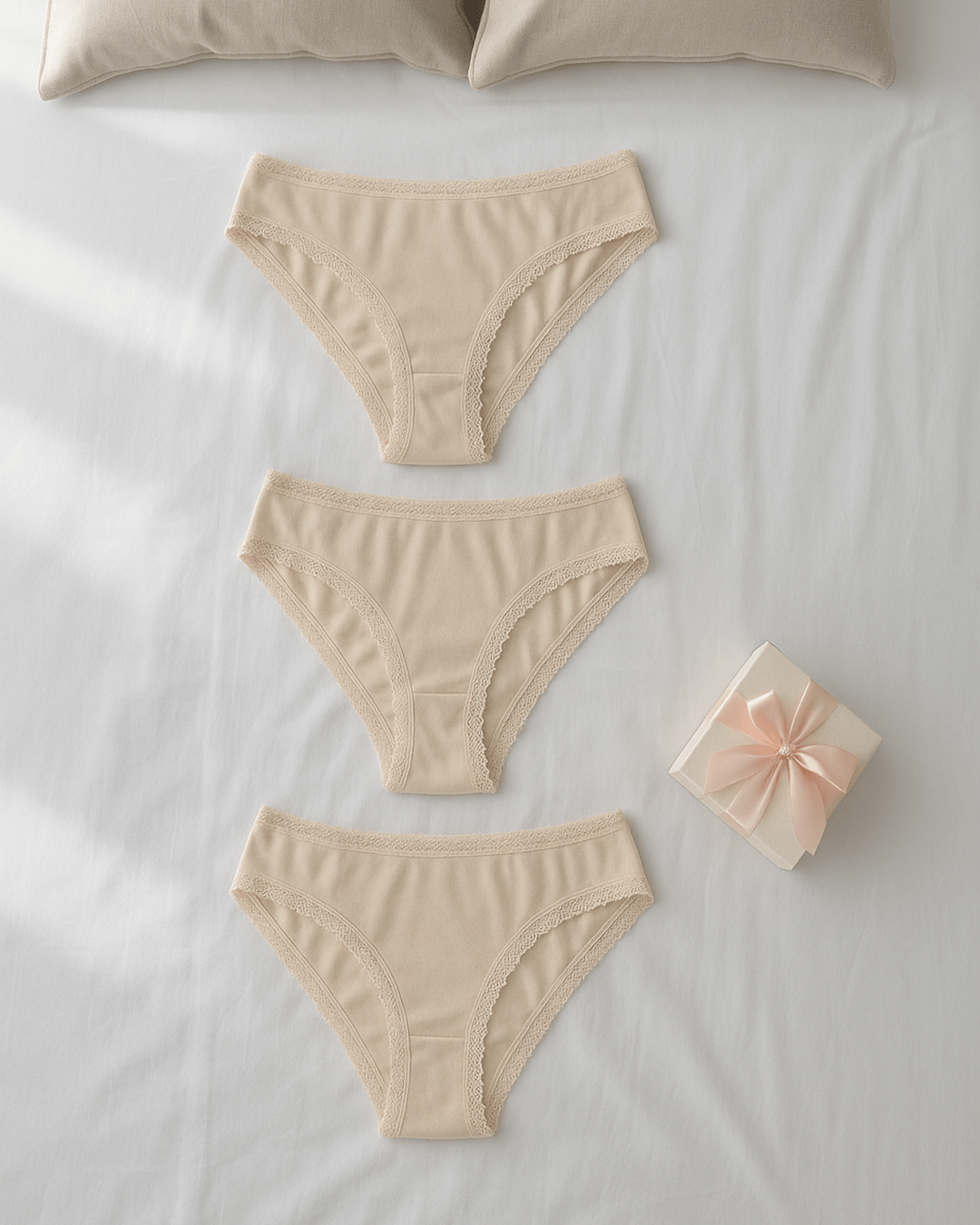 Women’s underwear with thick supportive fabric and delicate lace edges, displayed flat in soft neutral tones for everyday comfort and feminine style.