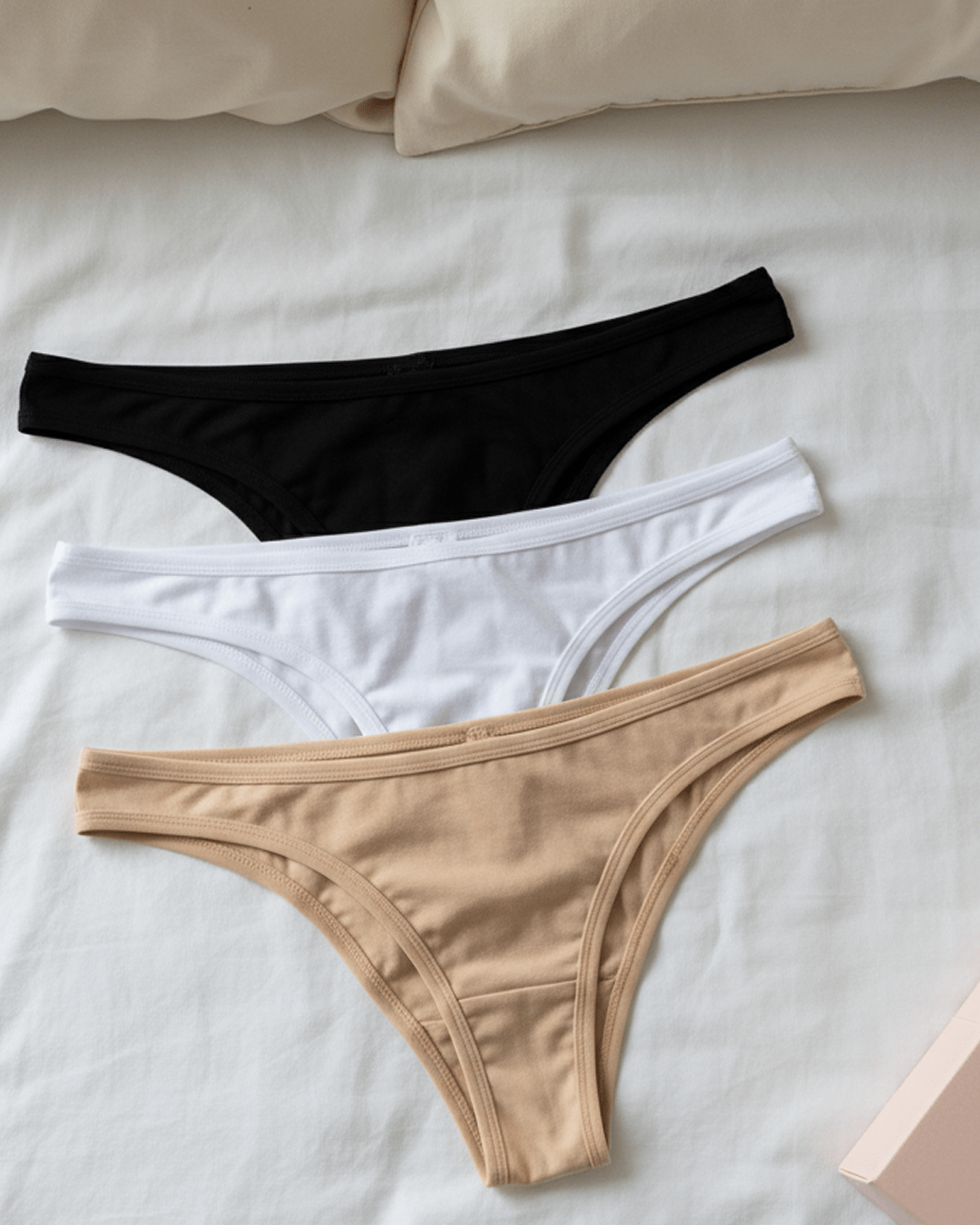 Set of 3 Brazilian-cut women’s underwear from KOZA made from 100% Turkish cotton, displayed in coordinated colors on a flat lay surface, soft breathable fabric for everyday comfort.