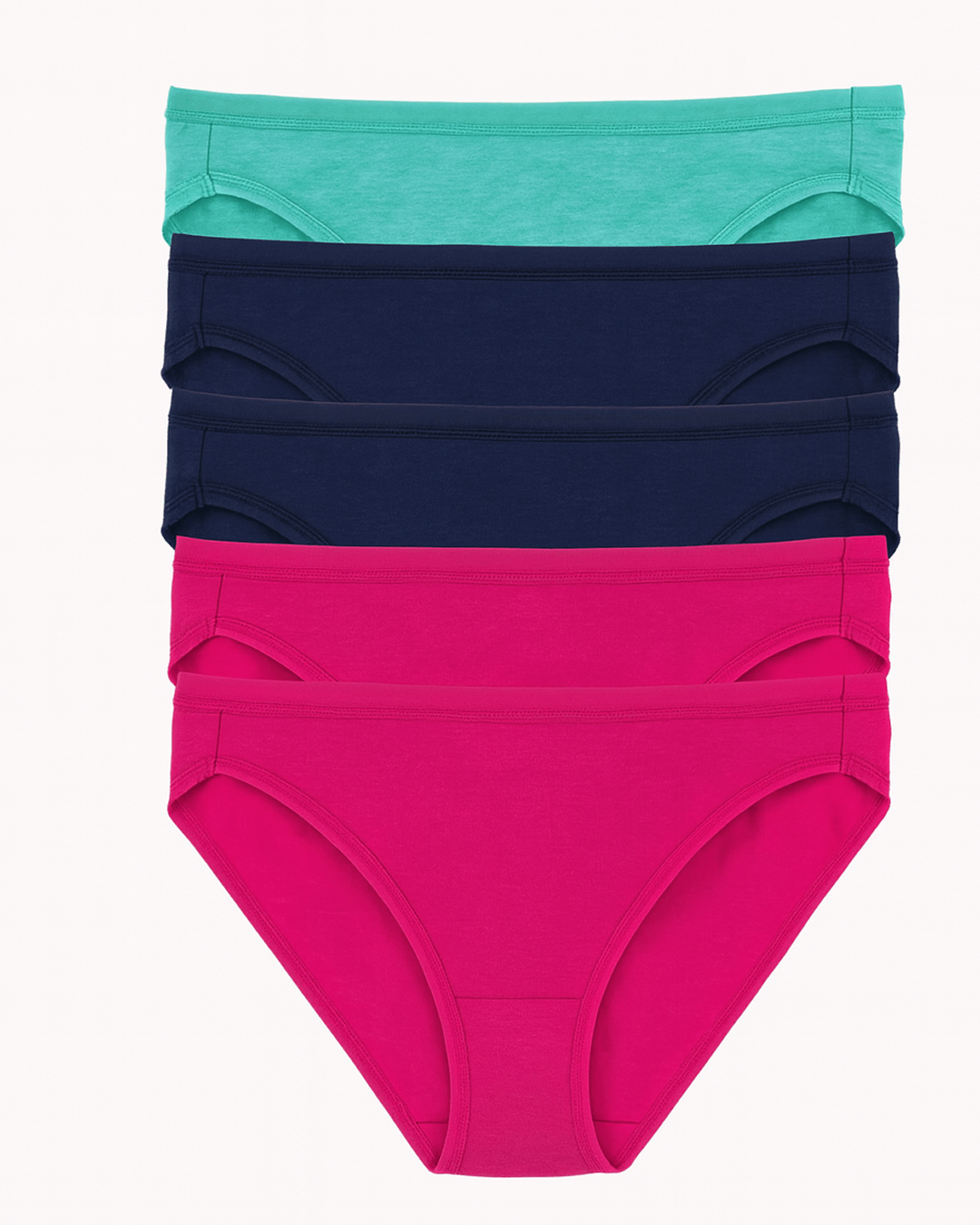Set of four women’s brief underwear in bright cotton colors including teal, navy, and pink, displayed flat and stacked together on a white background.