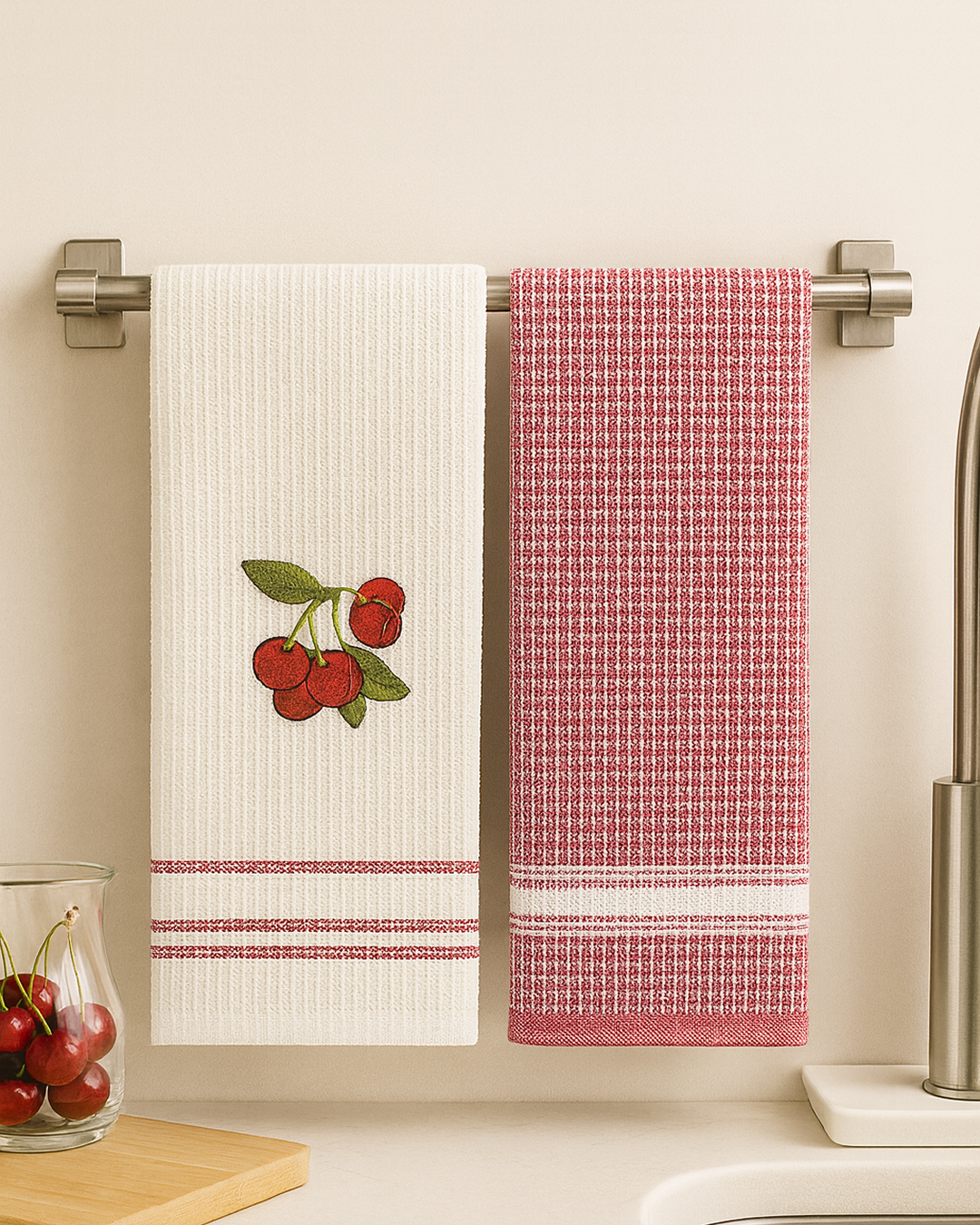 Two white cotton kitchen towels with embroidered cherry, hanging on a metal towel bar above a kitchen sink with wooden rolling pin and soap dispenser.