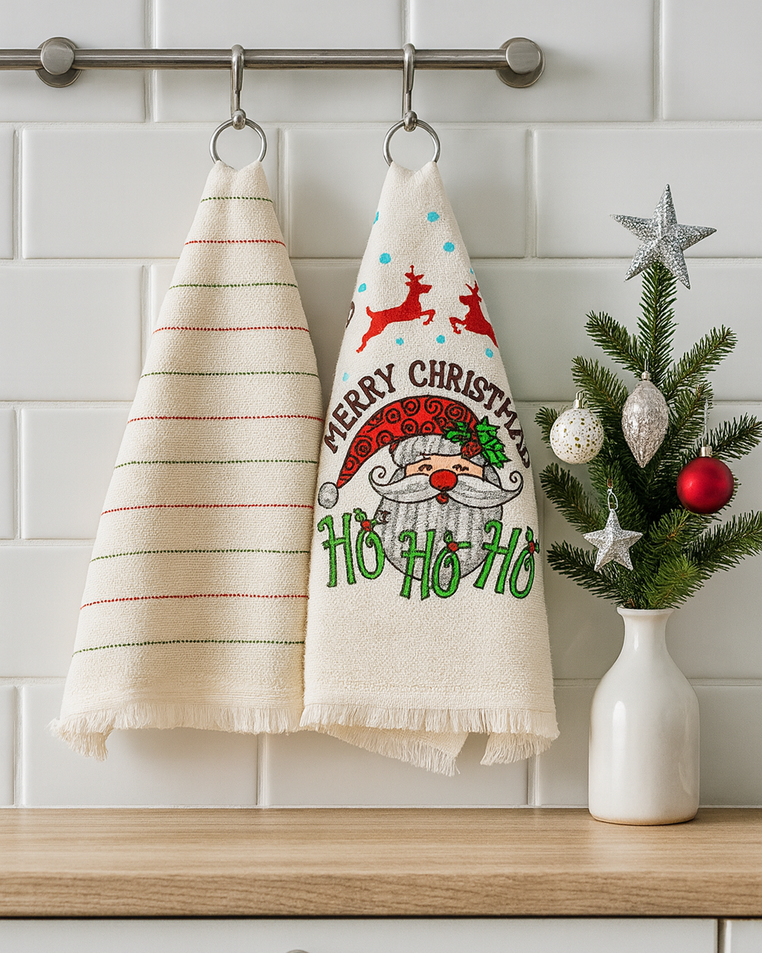 A Christmas home décor collection featuring Christmas towels, kitchen towels, candles, festive ornaments, and holiday accessories styled together in a cozy seasonal display.