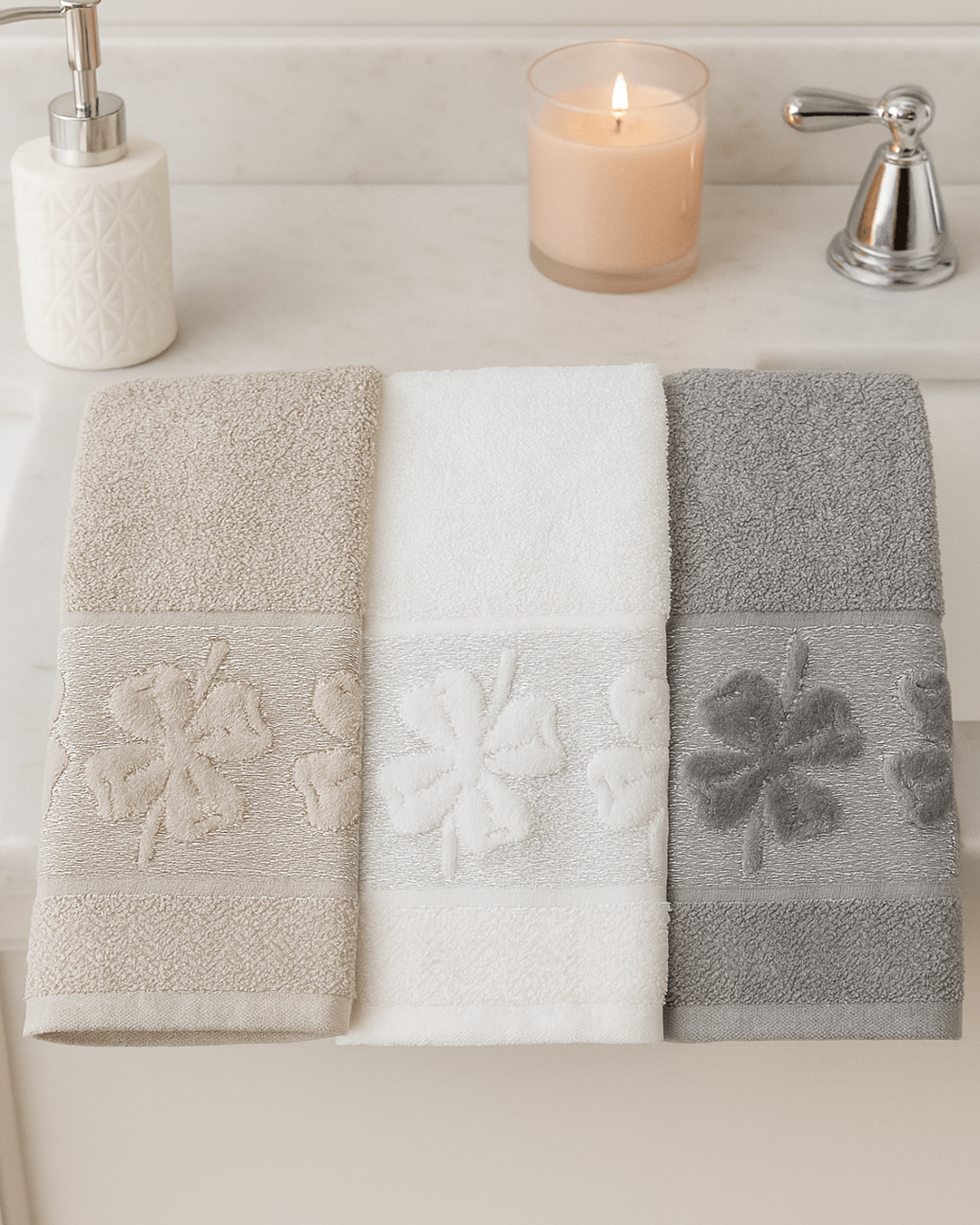 High-quality set of three bathroom hand towels in beige, white, and grey, neatly displayed on a marble sink countertop. Each towel features an elegant embossed clover design along the bottom border, highlighting premium texture and craftsmanship in a modern bathroom setting.