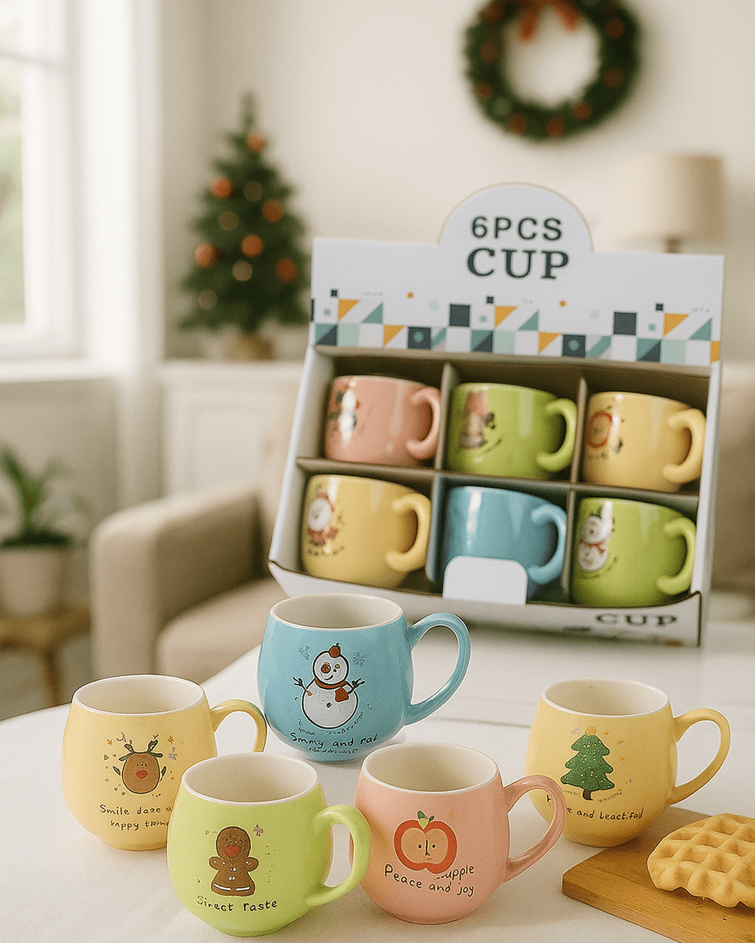 A set of six small, colorful ceramic coffee cups displayed together, each featuring a different hand-painted holiday design and handle color, including green, red, yellow, and blue.