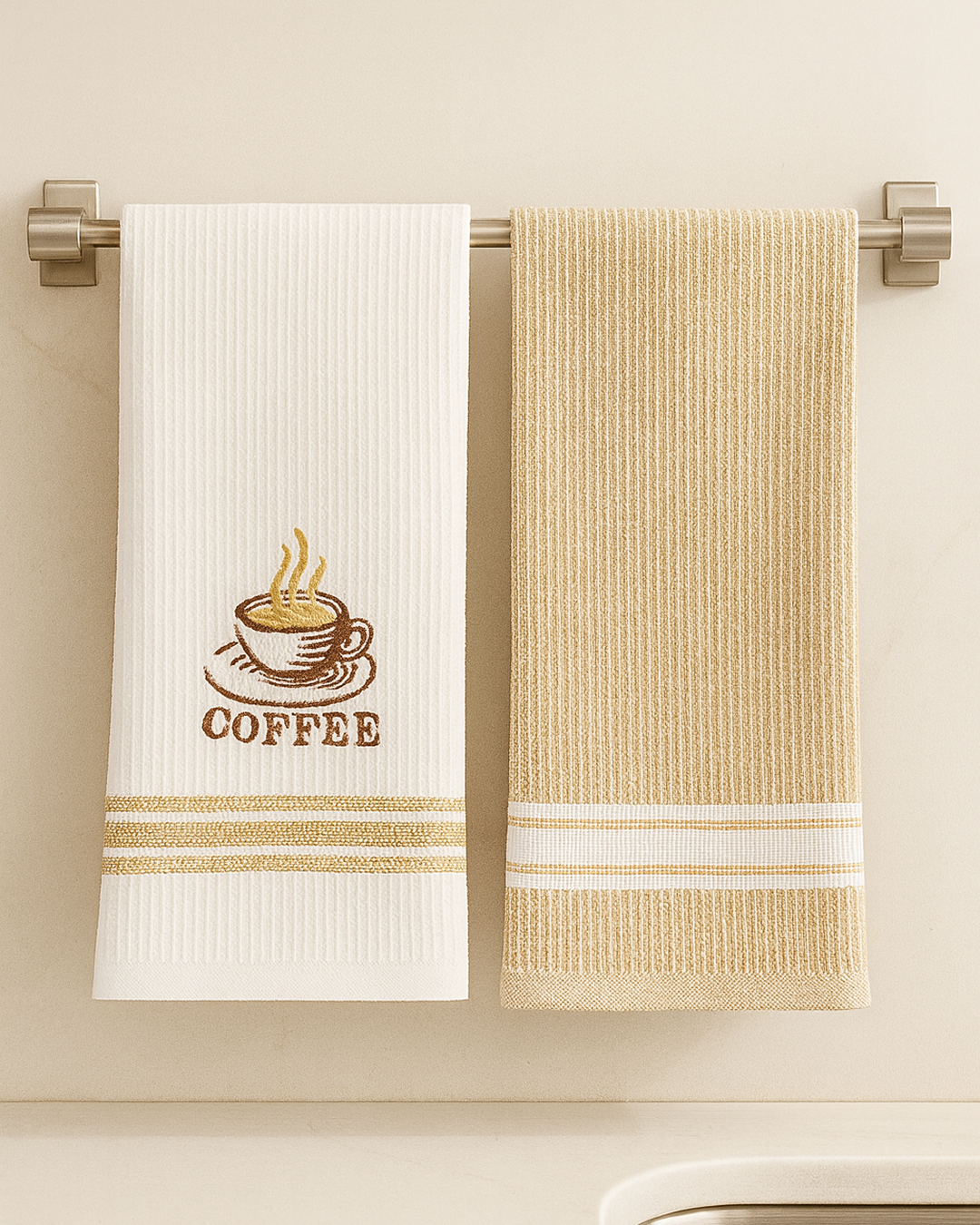 A pair of kitchen towels hanging on a silver bar. The left towel is white with a coffee cup and "COFFEE" embroidered in brown and gold stripes. The right towel is solid beige with white stripes.