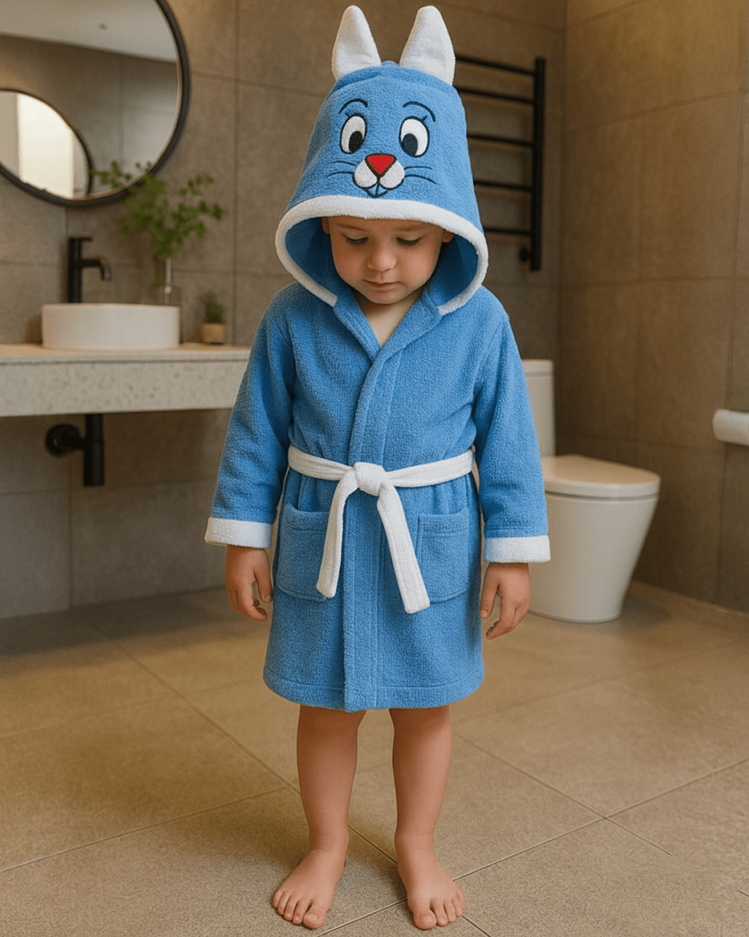 Child wearing a teal cotton hooded animal bathrobe with belt, standing in a modern bathroom; kids bathrobe available in blue, teal, and beige.