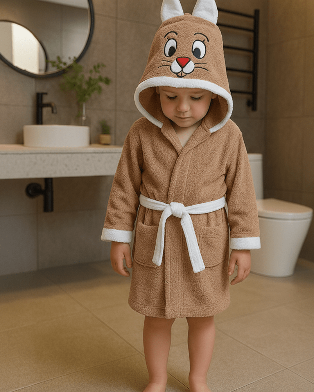 Child wearing a teal cotton hooded animal bathrobe with belt, standing in a modern bathroom; kids bathrobe available in blue, teal, and beige.