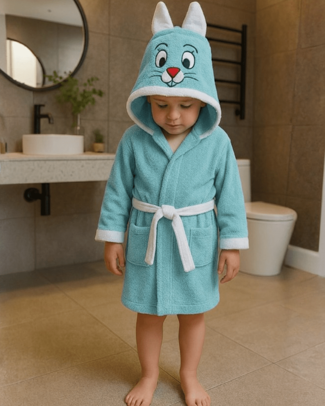 Child wearing a teal cotton hooded animal bathrobe with belt, standing in a modern bathroom; kids bathrobe available in blue, teal, and beige.