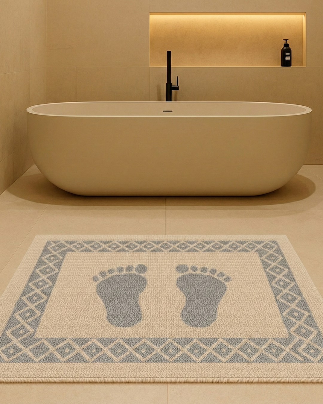 Thick cotton 100x60 cm bath rug with anti-slip backing and blue footprint design, placed in a modern beige bathroom with a freestanding tub.