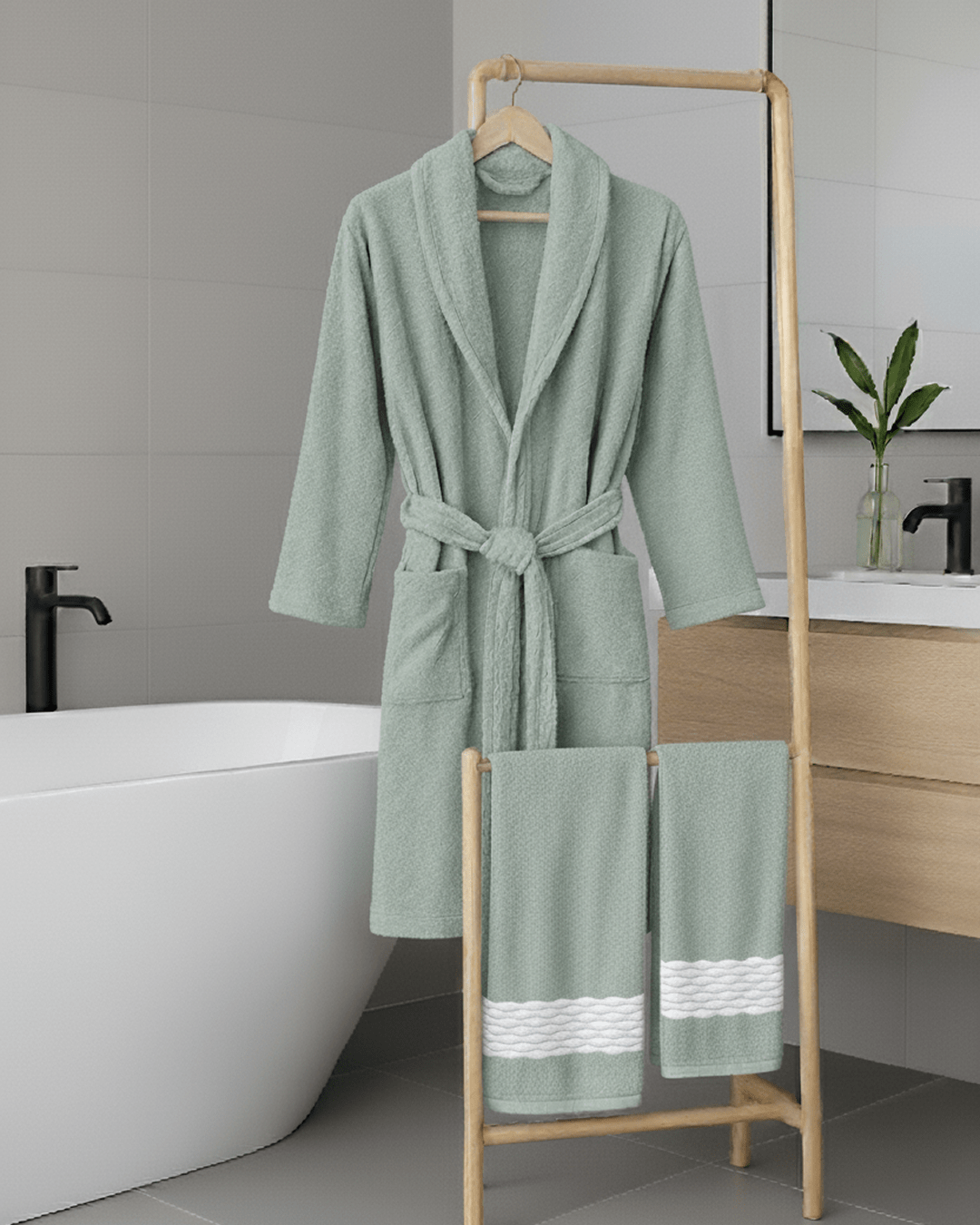 Pure Turkish cotton bathrobes displayed on a modern rack, soft plush fabric in neutral tones for everyday luxury and spa-like comfort.