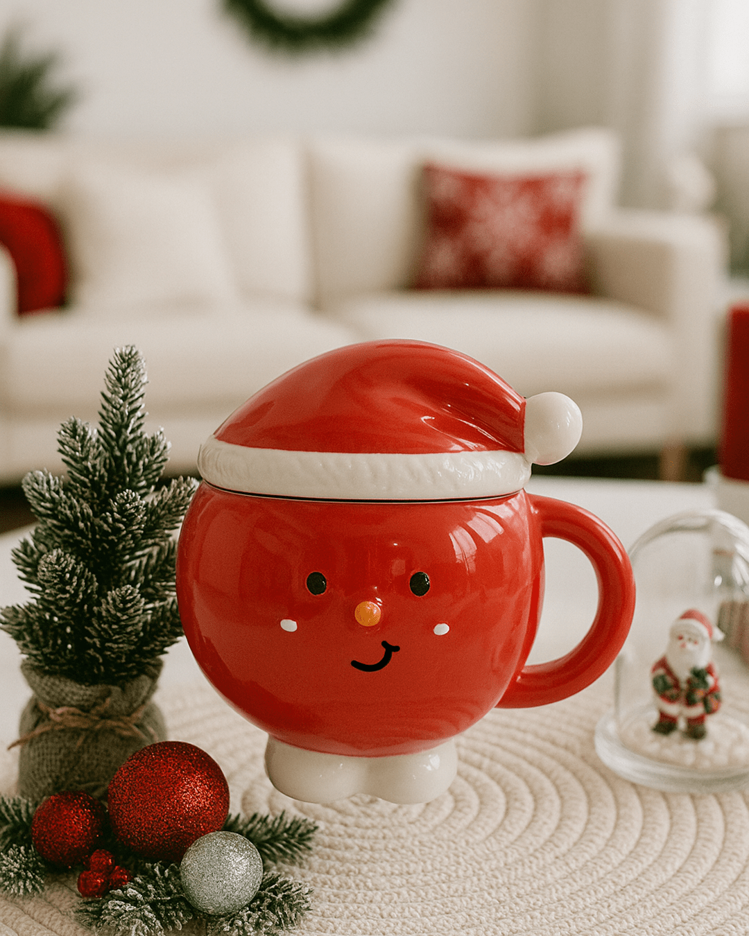 Close-up of a novelty red ceramic Christmas mug with a smiling face design, featuring a removable lid shaped like a Santa Claus hat, set on a table next to holiday decorations.