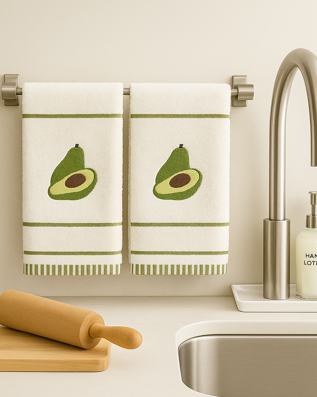 Two white cotton kitchen towels with embroidered avocado, hanging on a metal towel bar above a kitchen sink with wooden rolling pin and soap dispenser.