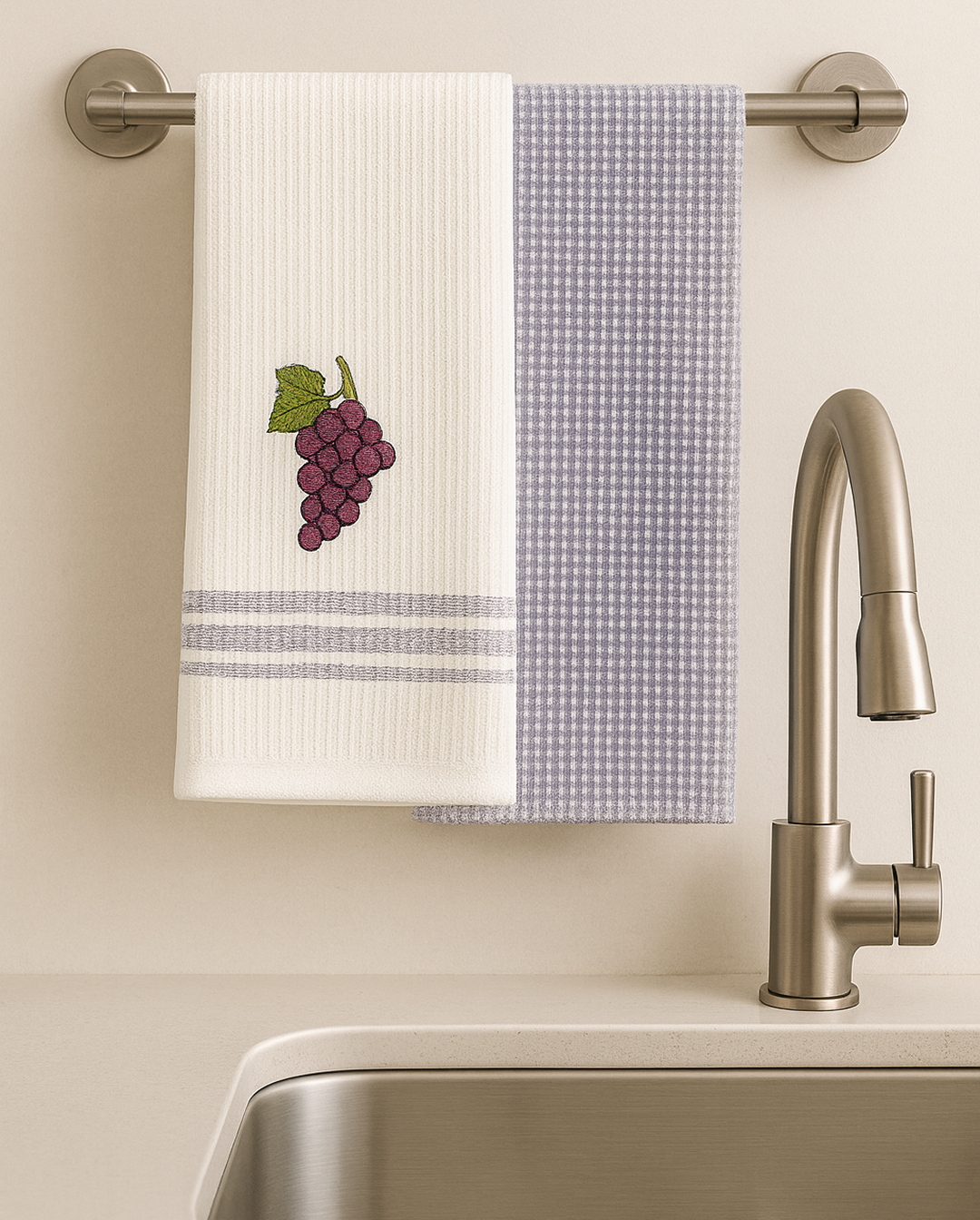 Two white cotton kitchen towels with embroidered grape, hanging on a metal towel bar above a kitchen sink with wooden rolling pin and soap dispenser.