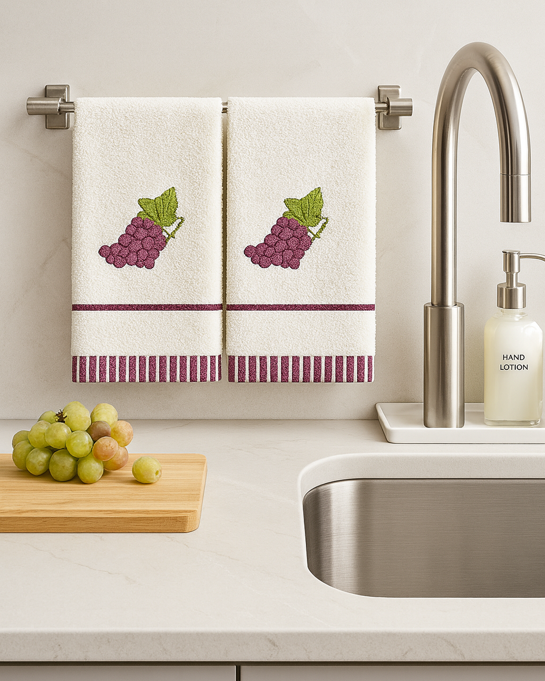 Two white cotton kitchen towels with embroidered grape, hanging on a metal towel bar above a kitchen sink with wooden rolling pin and soap dispenser.
