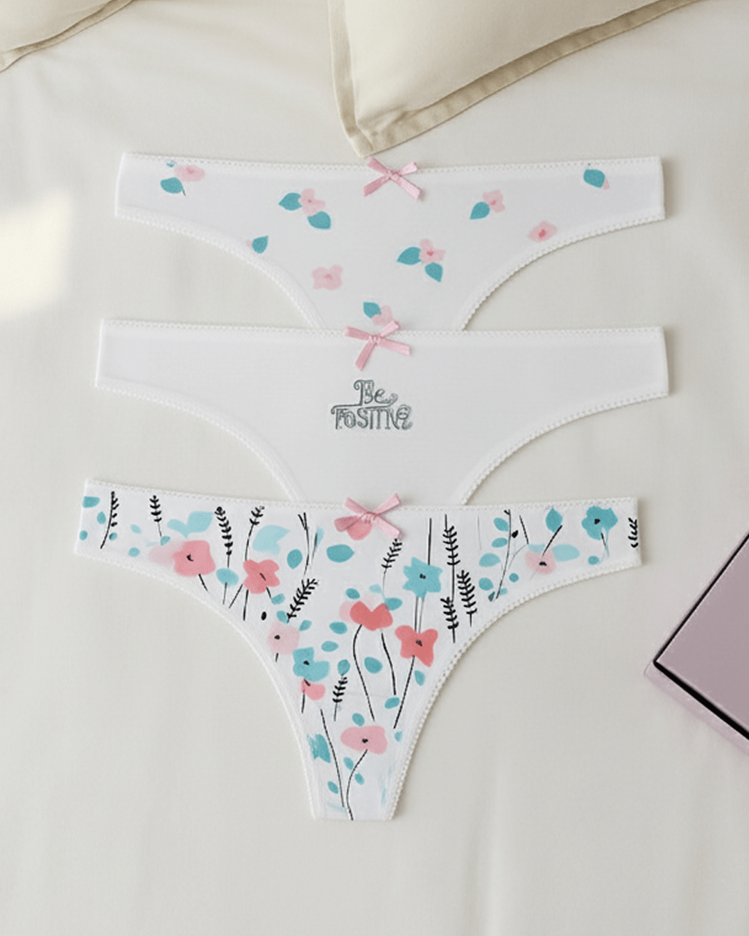 Set of KOZA women’s thong underwear with pastel floral prints and text design, 100% Turkish cotton, soft breathable thong cut set.