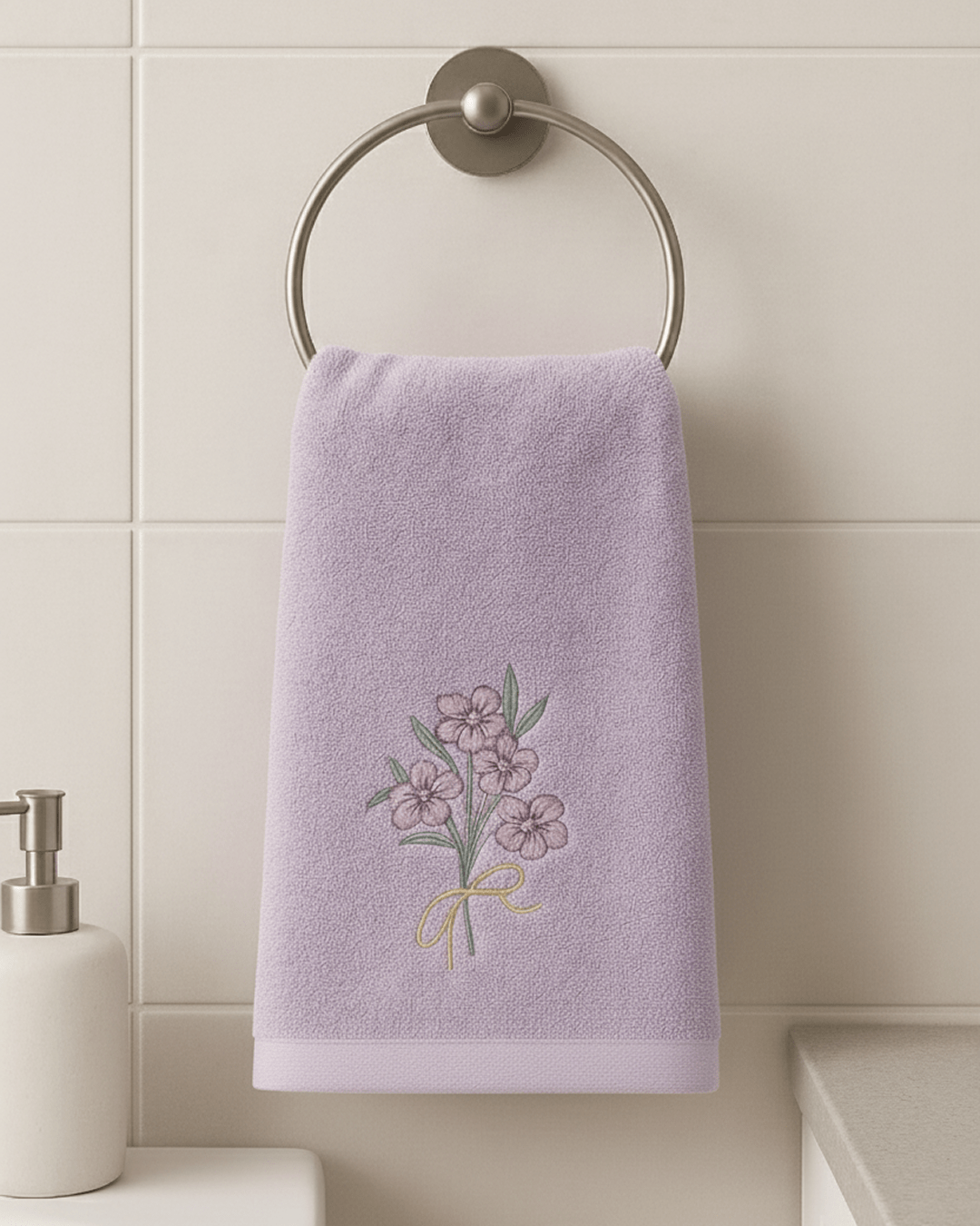 Light purple embroidered hand towel hanging on a silver towel ring in a modern bathroom, featuring a delicate floral bouquet design on the lower front.
