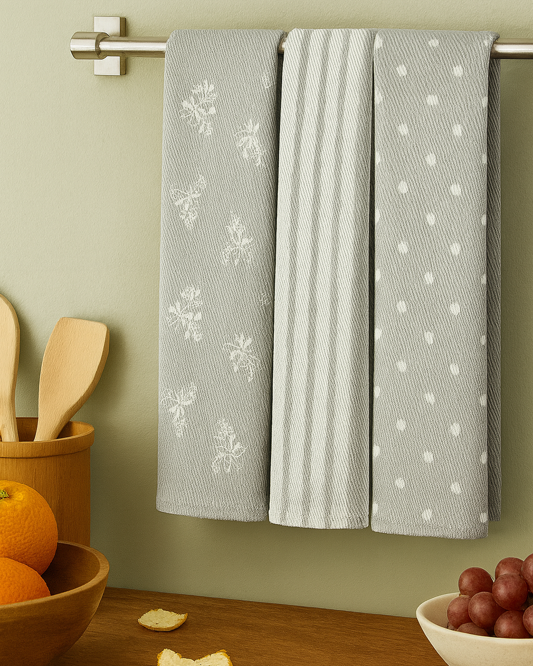 Three grey 100% cotton kitchen towels hanging neatly on a stainless steel bar; one with white floral embroidery, one with vertical stripes, and one with white polka dots, styled above a wooden kitchen counter with oranges, grapes, and wooden utensils.