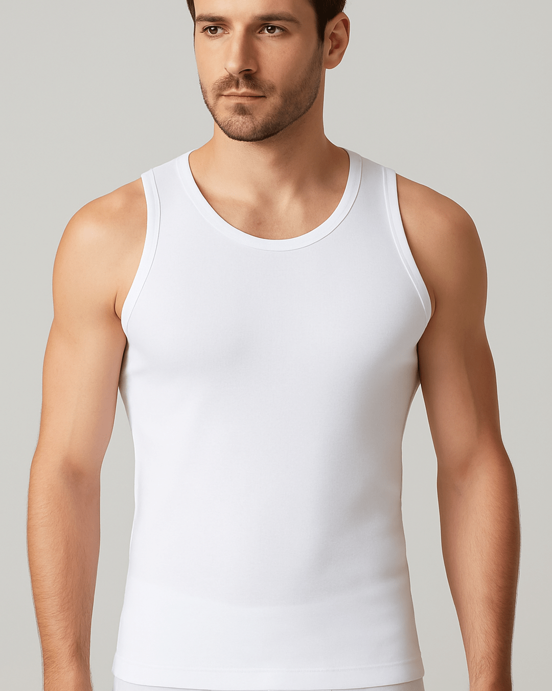 Men’s white sleeveless undershirt made from 100% Turkish cotton, displayed flat for premium lightweight daily comfort.