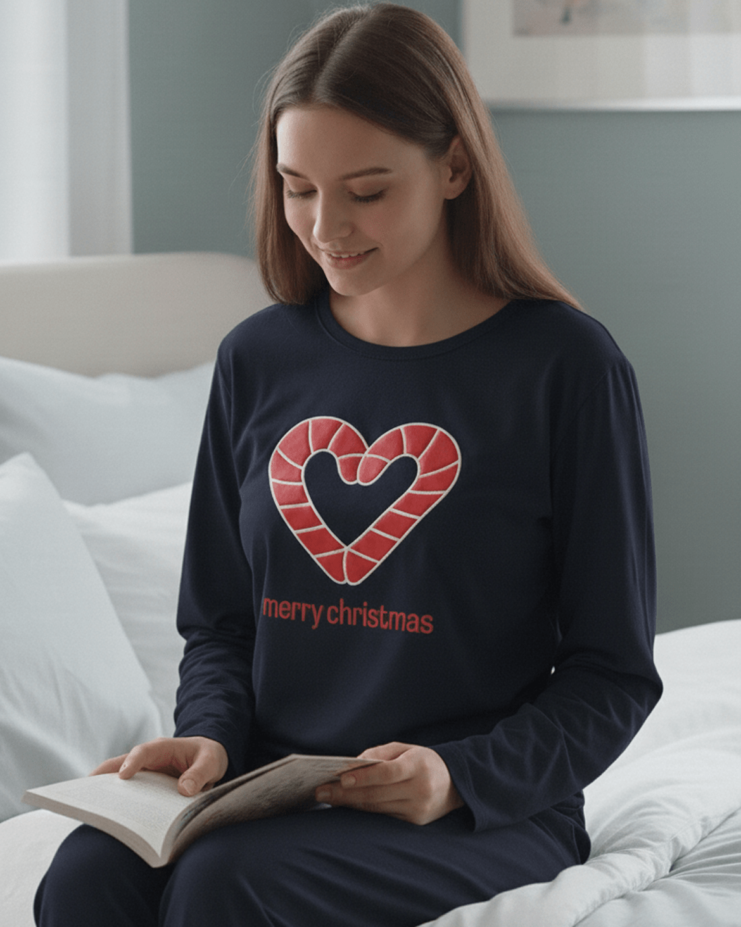 Women's heather gray cotton pajama set featuring a long-sleeve top with a "Sweet Dreams" sleeping moon graphic and matching striped bottoms with a celestial moon and star print.