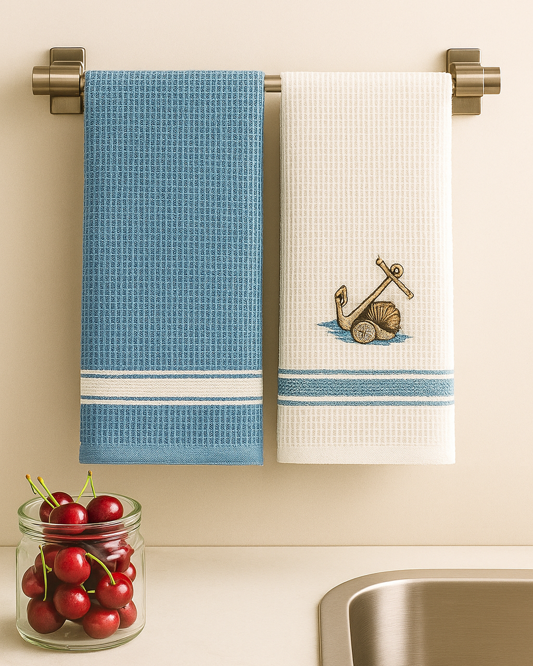 Two nautical-themed waffle-cotton kitchen towels hanging on a stainless steel bar above a kitchen counter; one white towel features an embroidered anchor and seashell, and the other is textured blue, with a bunch of bananas on a wooden board beside a modern silver sink.