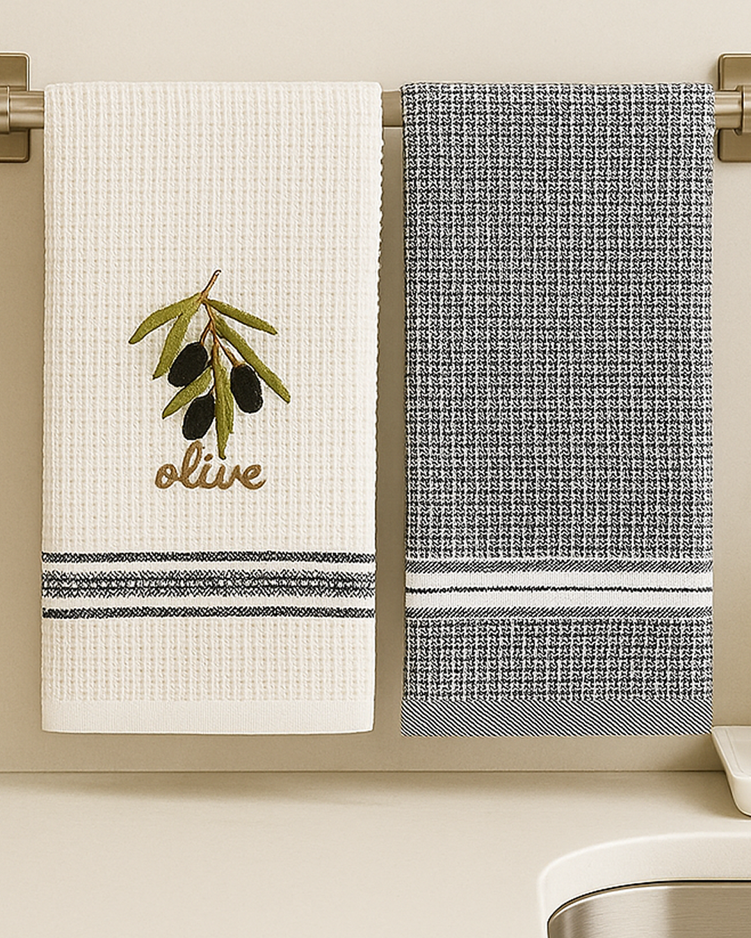 A set of two kitchen towels hanging on a metal bar against a neutral wall. The left towel is white with an embroidered black olive branch and the word "olive," finished with black stripes. The right towel is a black and white checkered weave with contrasting stripes.