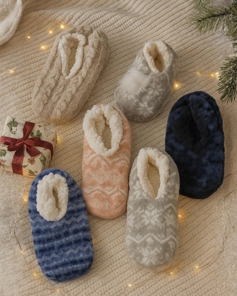 A collection of plush slipper socks in various colors (blue, gray, beige, pink) featuring soft, knitted or patterned exteriors and thick, cozy white Sherpa fleece lining, displayed on a knit blanket.