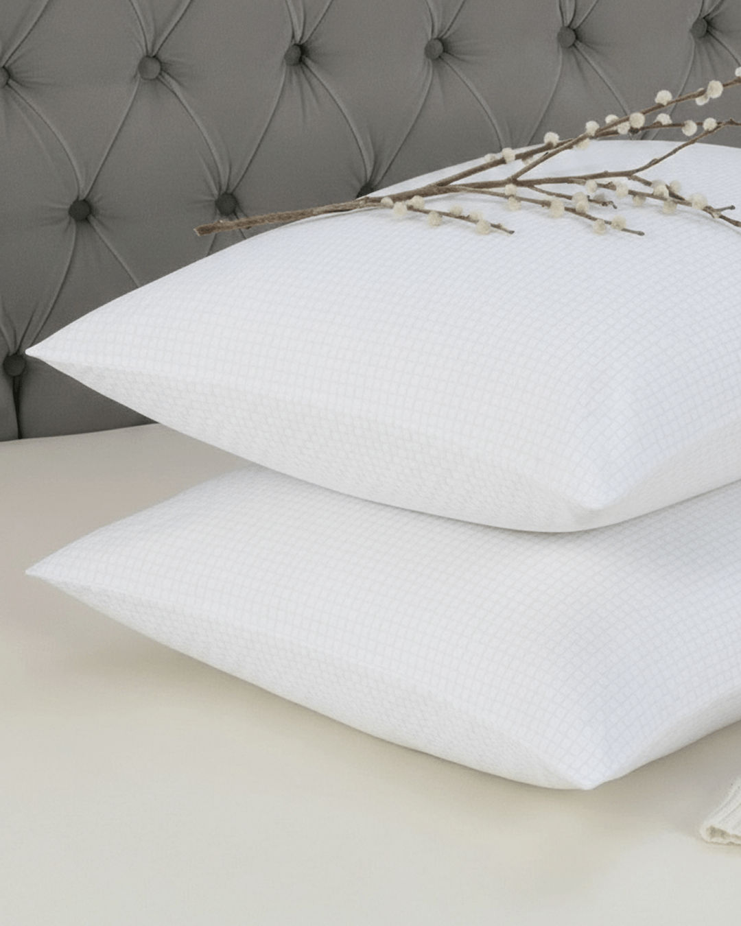 White pillow and quilt protectors displayed on a neatly made bed in a bright bedroom, clean and minimal style.