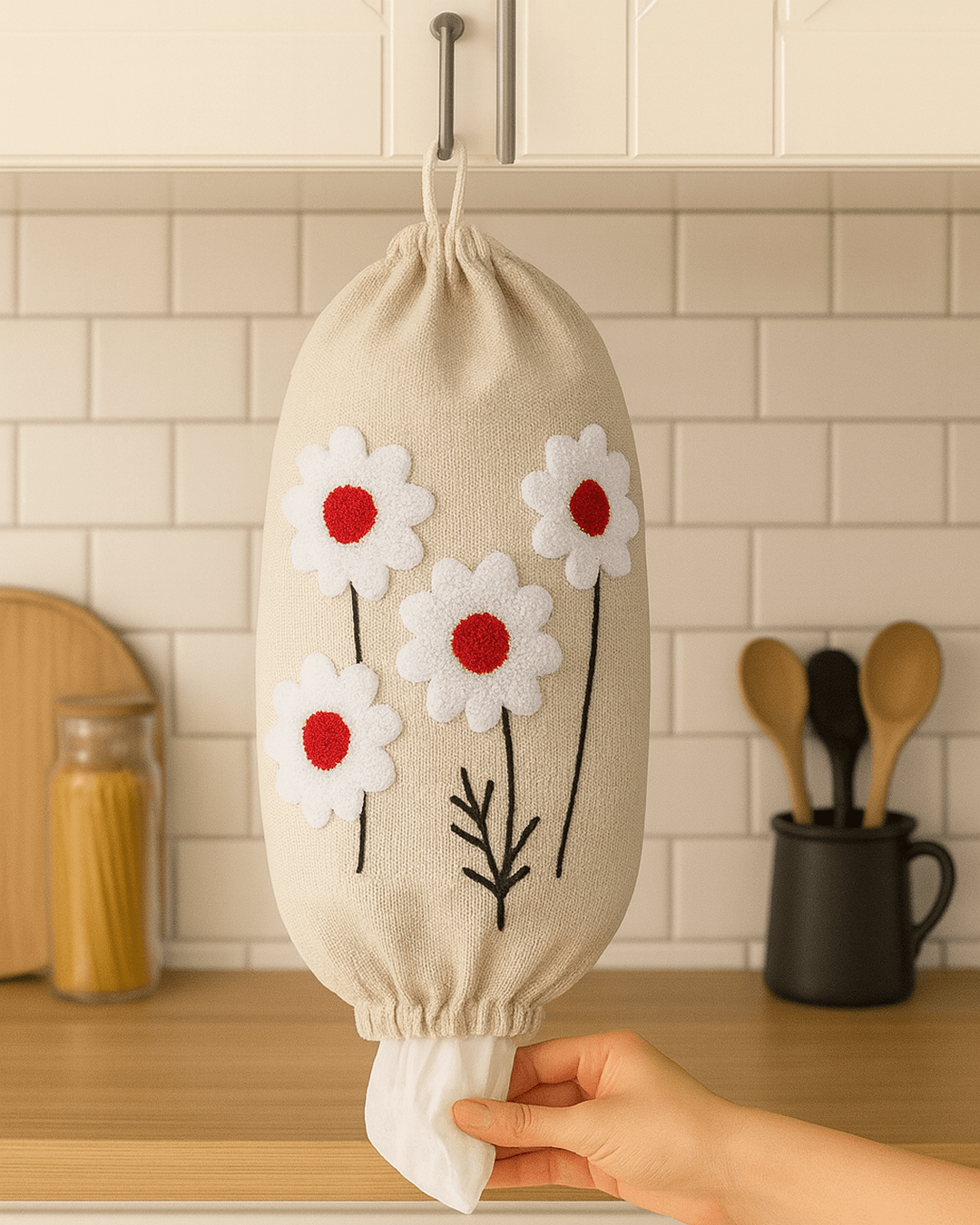 Punch needle floral bag dispenser hanging in a kitchen, cream fabric with white and red embroidered flowers, hand pulling a bag from the bottom.