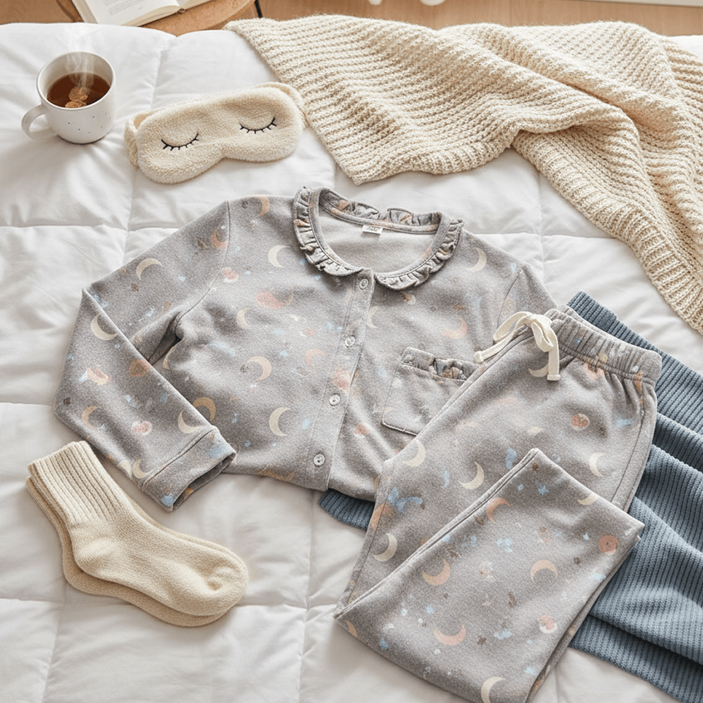 A gray, long-sleeve women's pajama set featuring a button-up top with a ruffled collar and bottoms with a drawstring waist, both covered in a multicolored crescent moon and star print, laid out on a white bedspread with a sleep mask and knitted blanket.