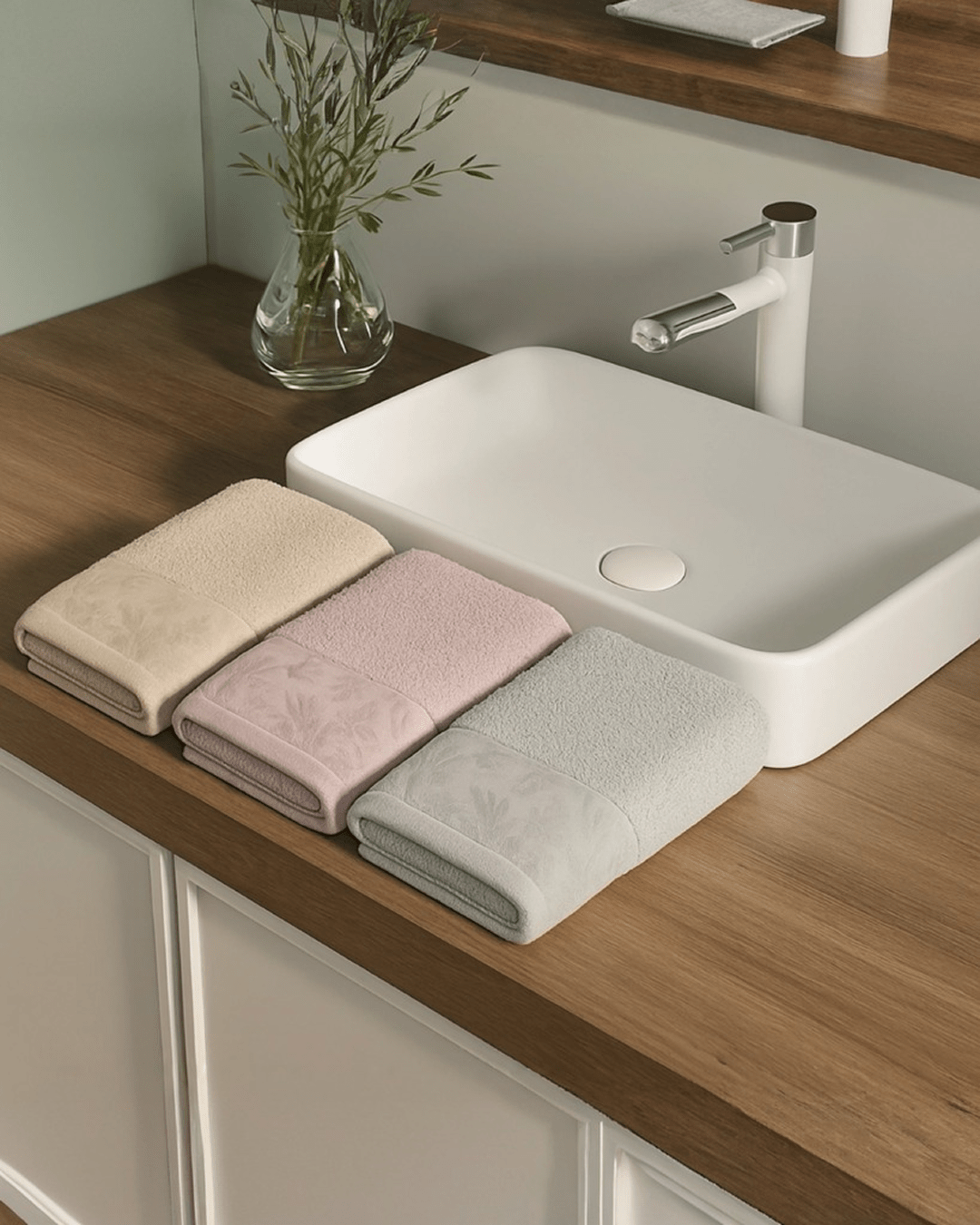 Set of three folded premium cotton hand towels in neutral beige, soft pink, and light grey displayed on a wooden bathroom counter beside a modern white sink.
