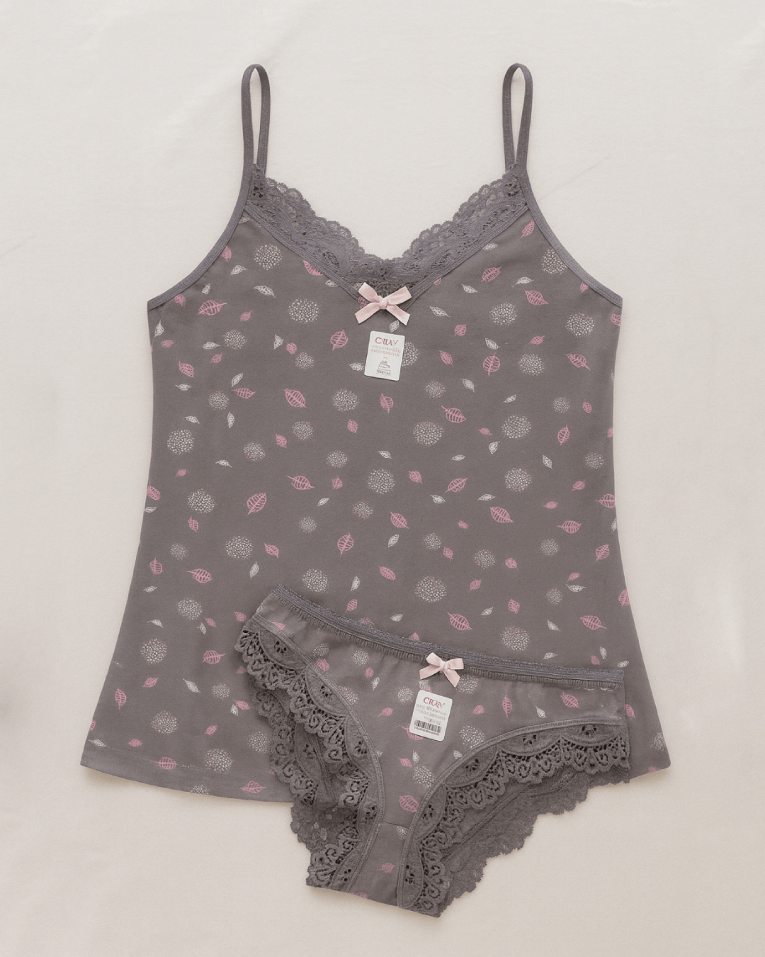 Women’s grey underwear and under-shirt set with lace edges made from 100% Turkish cotton, displayed flat in a matching coordinated set for everyday comfort.