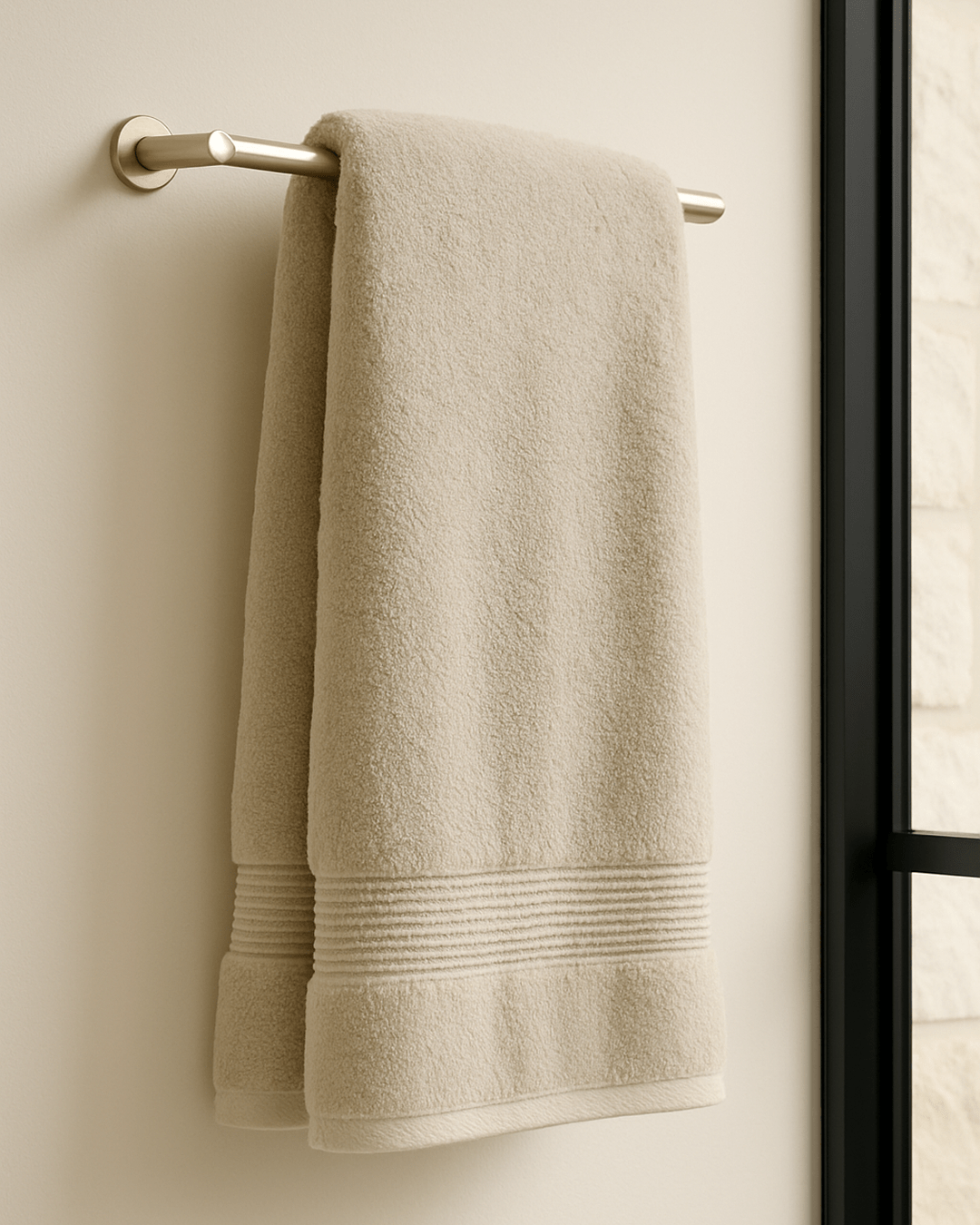 Thick beige cotton bath towel hanging on a metal towel bar, 140x80 cm size and 850g weight, plush absorbent fabric for spa-quality bathroom comfort.