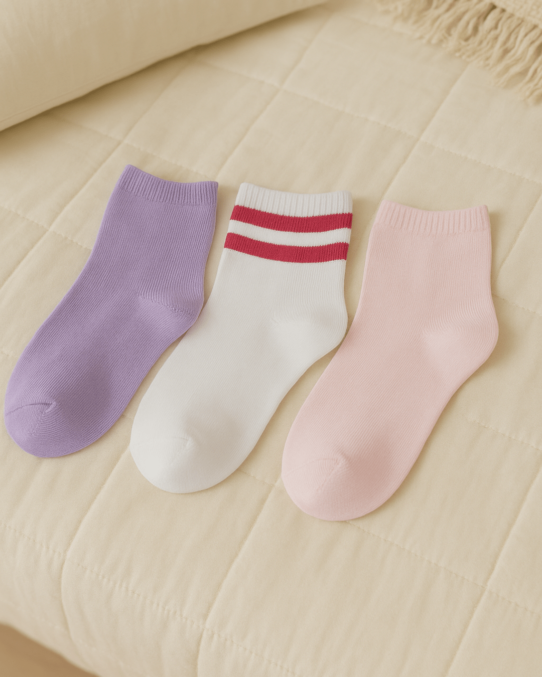 Set of three ankle socks in lavender, pastel pink, and white with pink stripes displayed neatly on a beige quilted bed, soft breathable fabric for everyday comfort.
