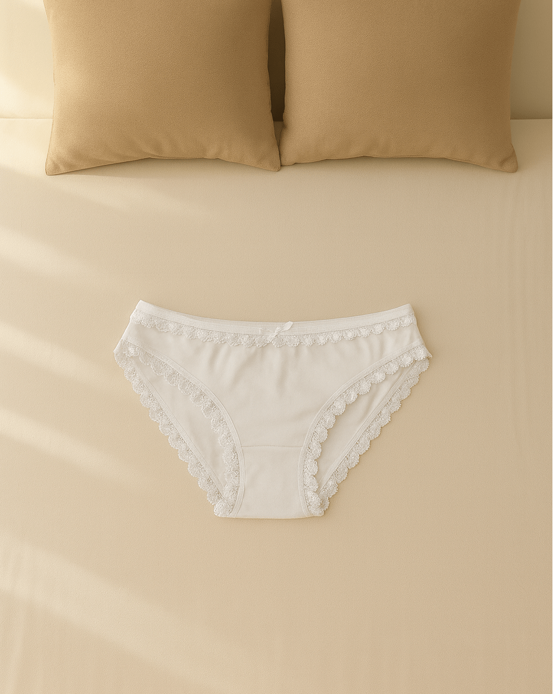 Women’s underwear with thick supportive fabric and delicate lace edges, displayed flat in soft neutral tones for everyday comfort and feminine style.