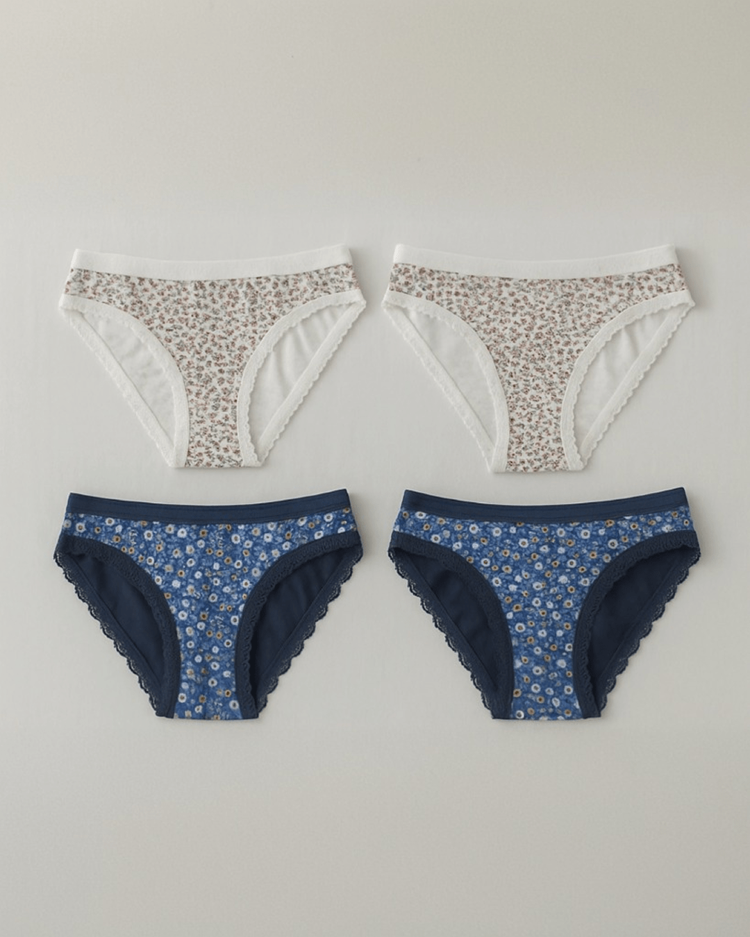 Women’s underwear with thick supportive fabric and delicate lace edges, displayed flat in soft neutral tones for everyday comfort and feminine style.