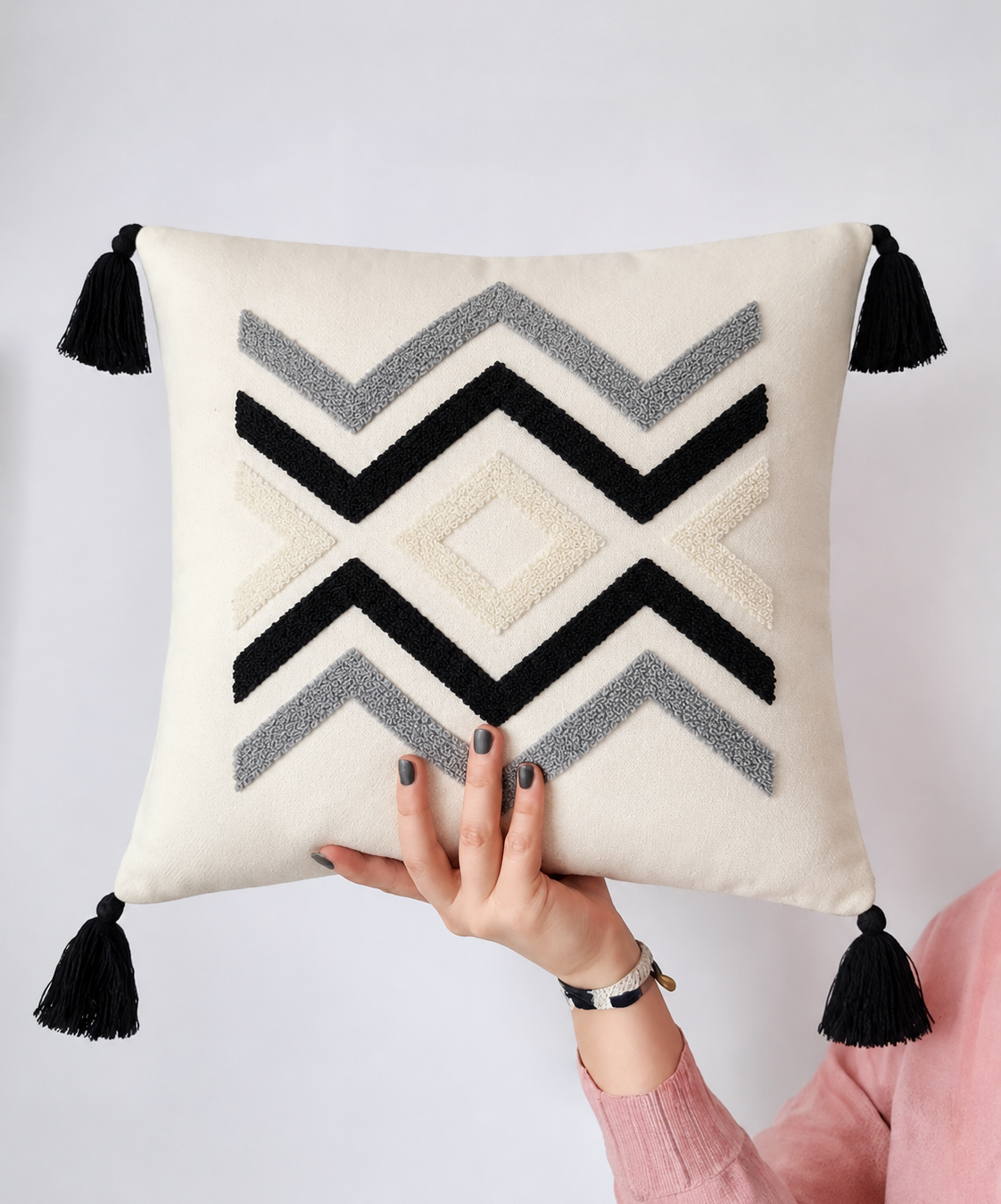 Geometric Tufted Cushion Cover – Black & Grey