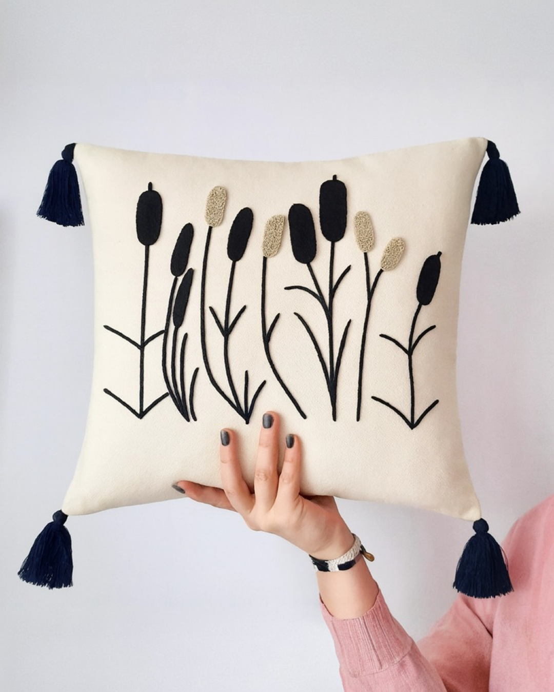 Floral Tufted Cushion Cover – Black & Beige